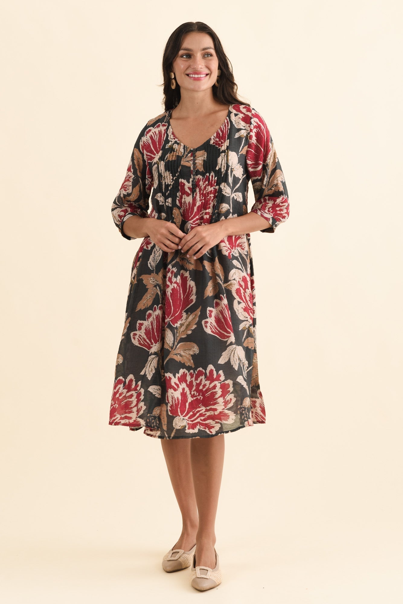 Arcadia Green Floral Button Dress Front View