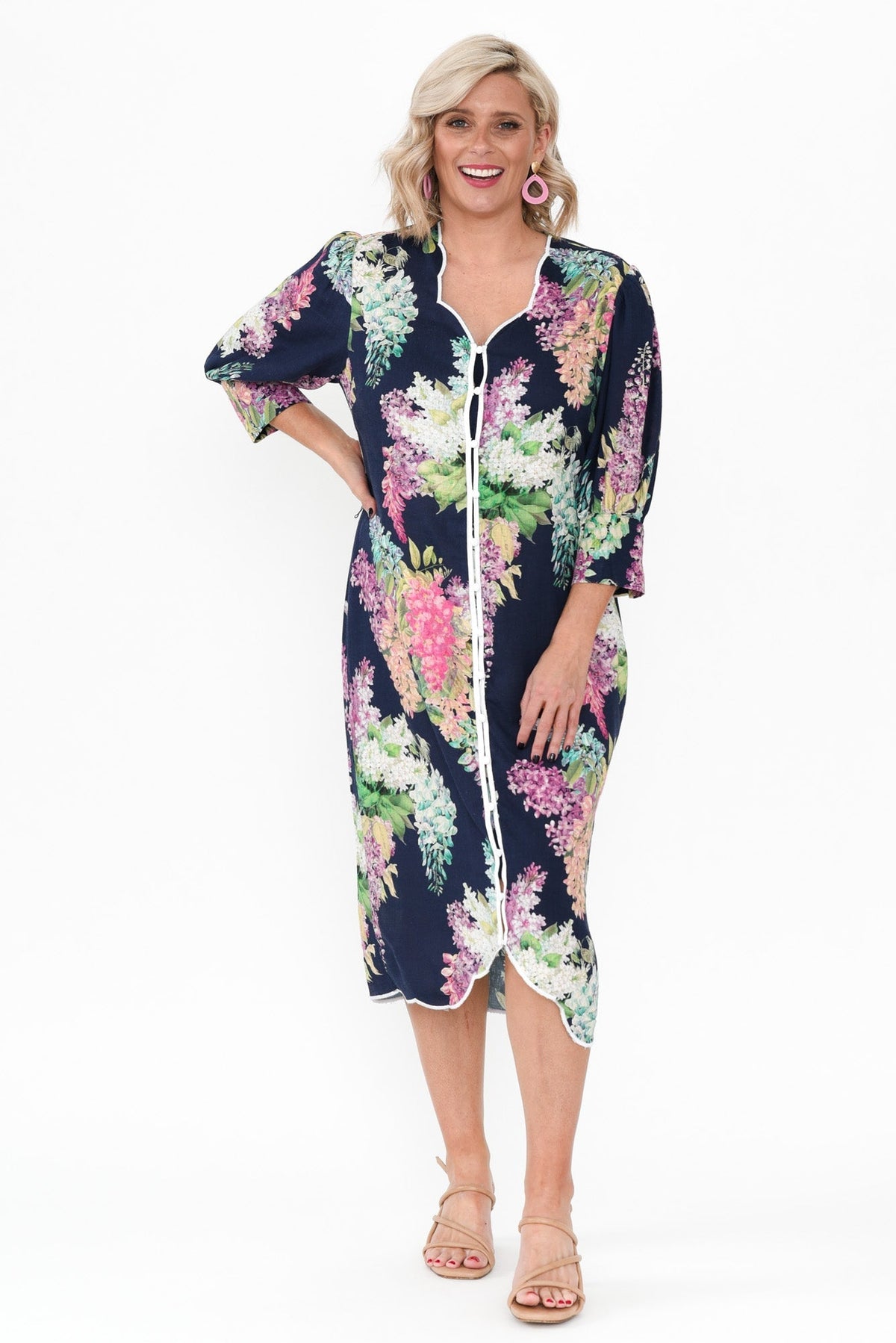 Augustine Navy Wisteria Linen Blend Dress Back View 2