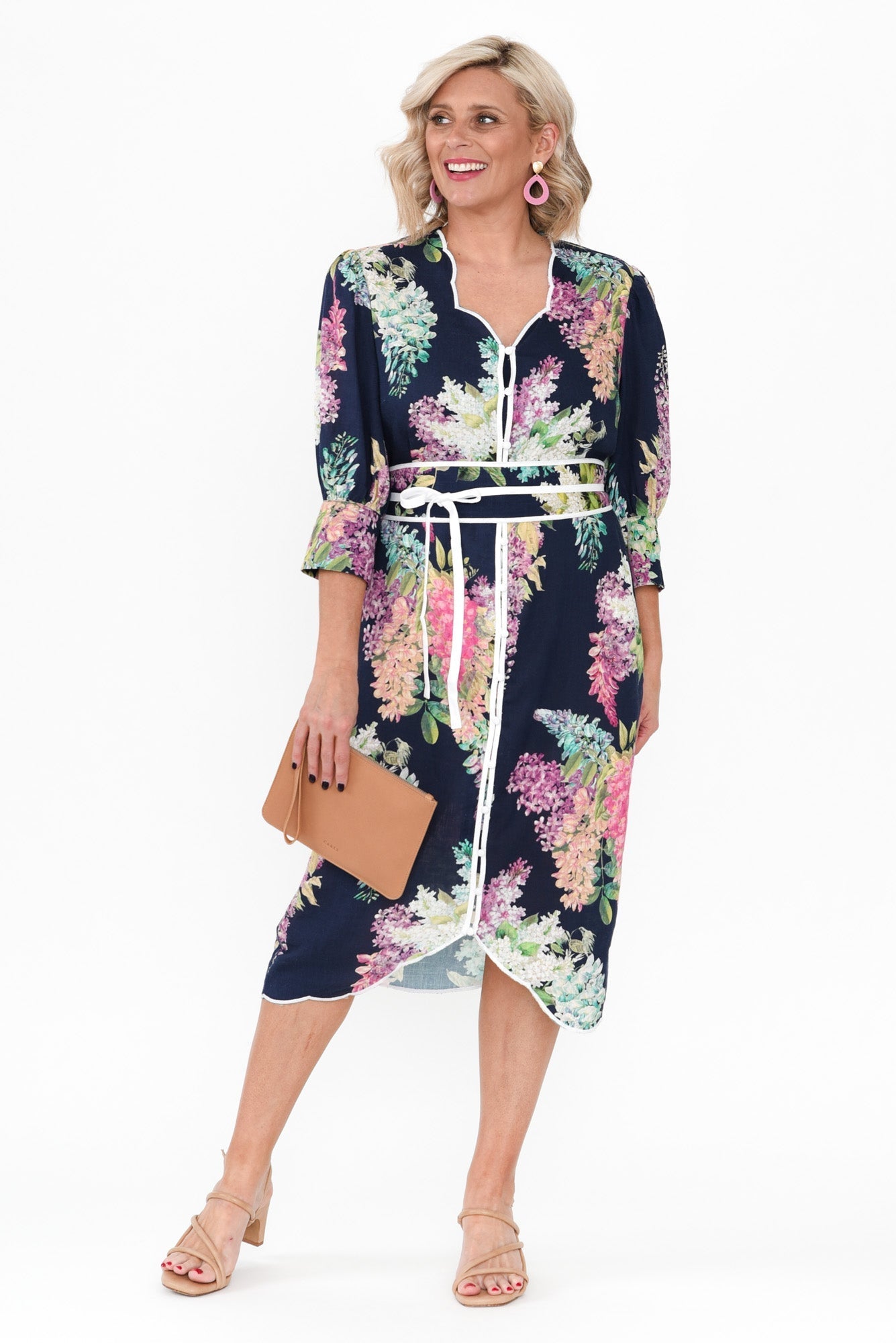Augustine Navy Wisteria Linen Blend Dress Front View 2