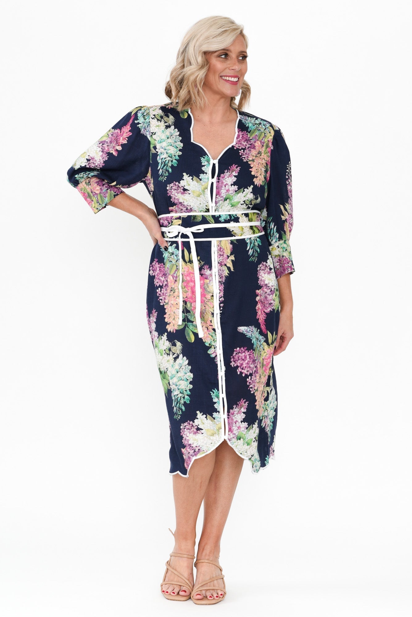 Augustine Navy Wisteria Linen Blend Dress Front View