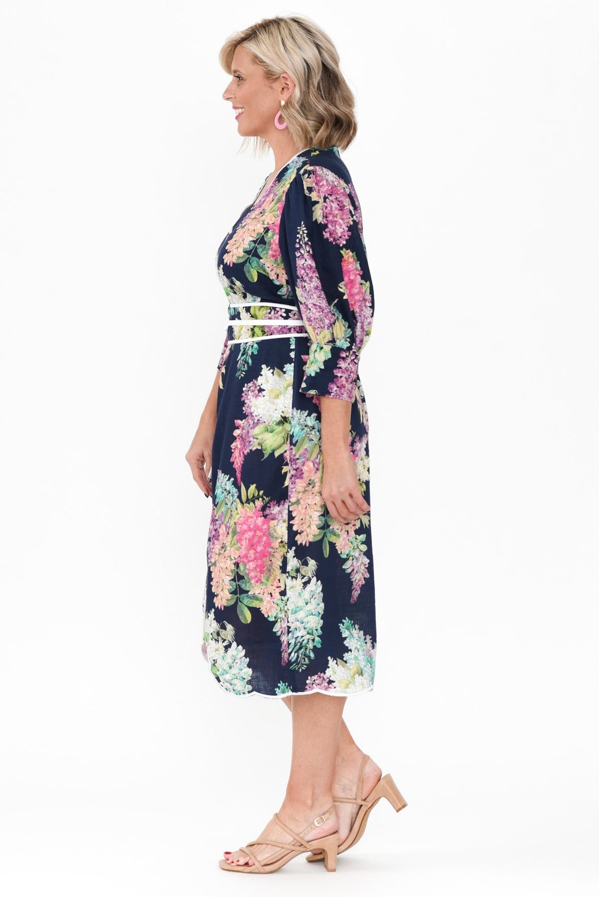 Augustine Navy Wisteria Linen Blend Dress Side View