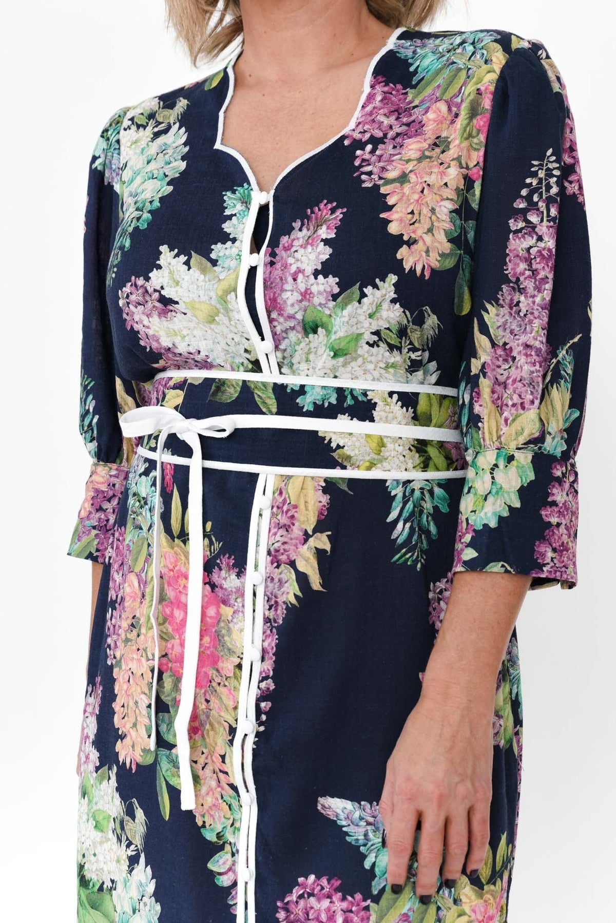 Augustine Navy Wisteria Linen Blend Dress Full Length View