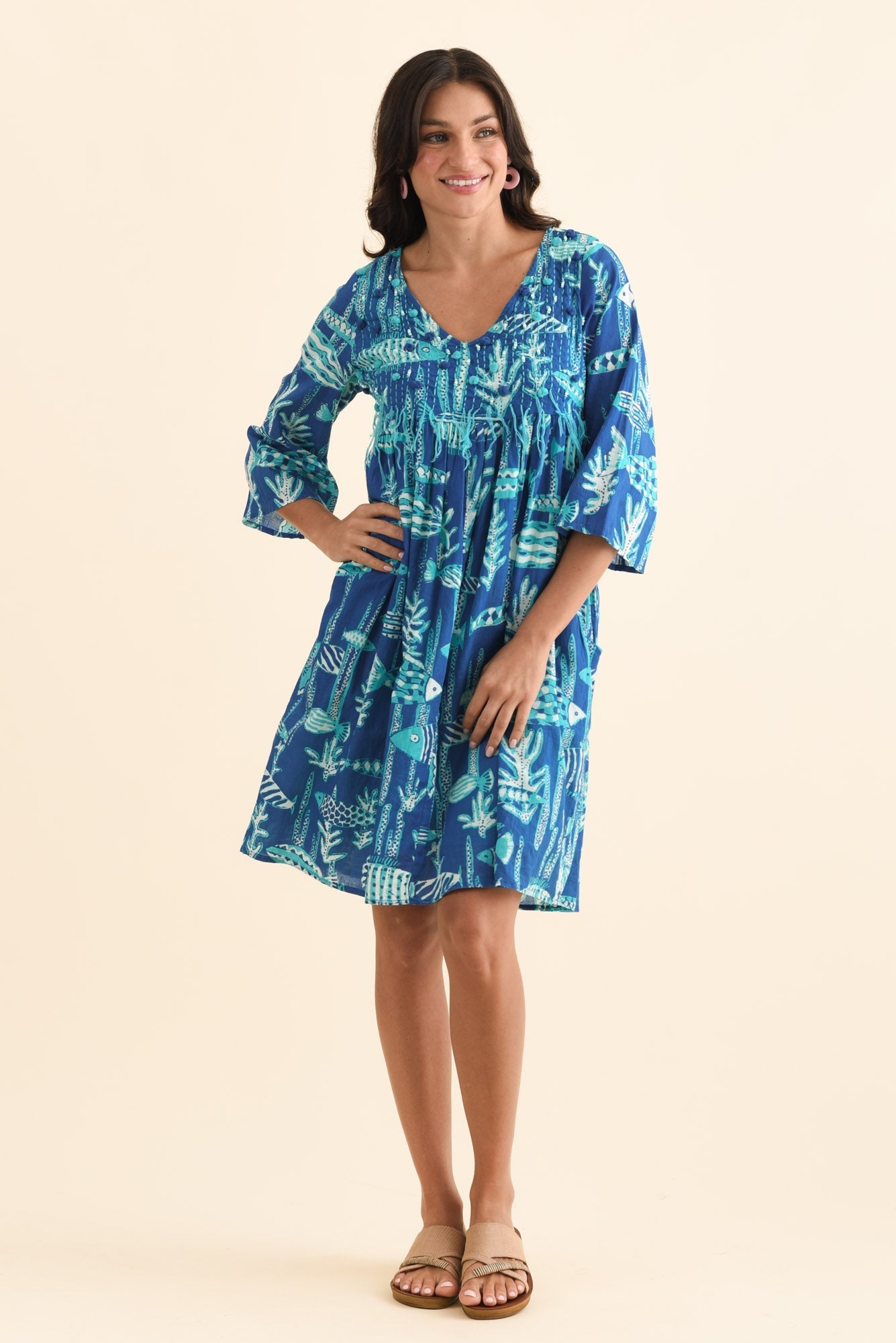 Ava Cobalt Sea Cotton Pocket Dress Front View