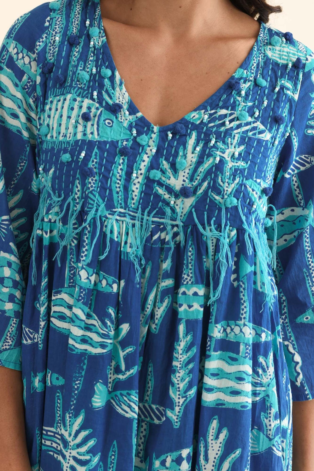 Ava Cobalt Sea Cotton Pocket Dress Detail View