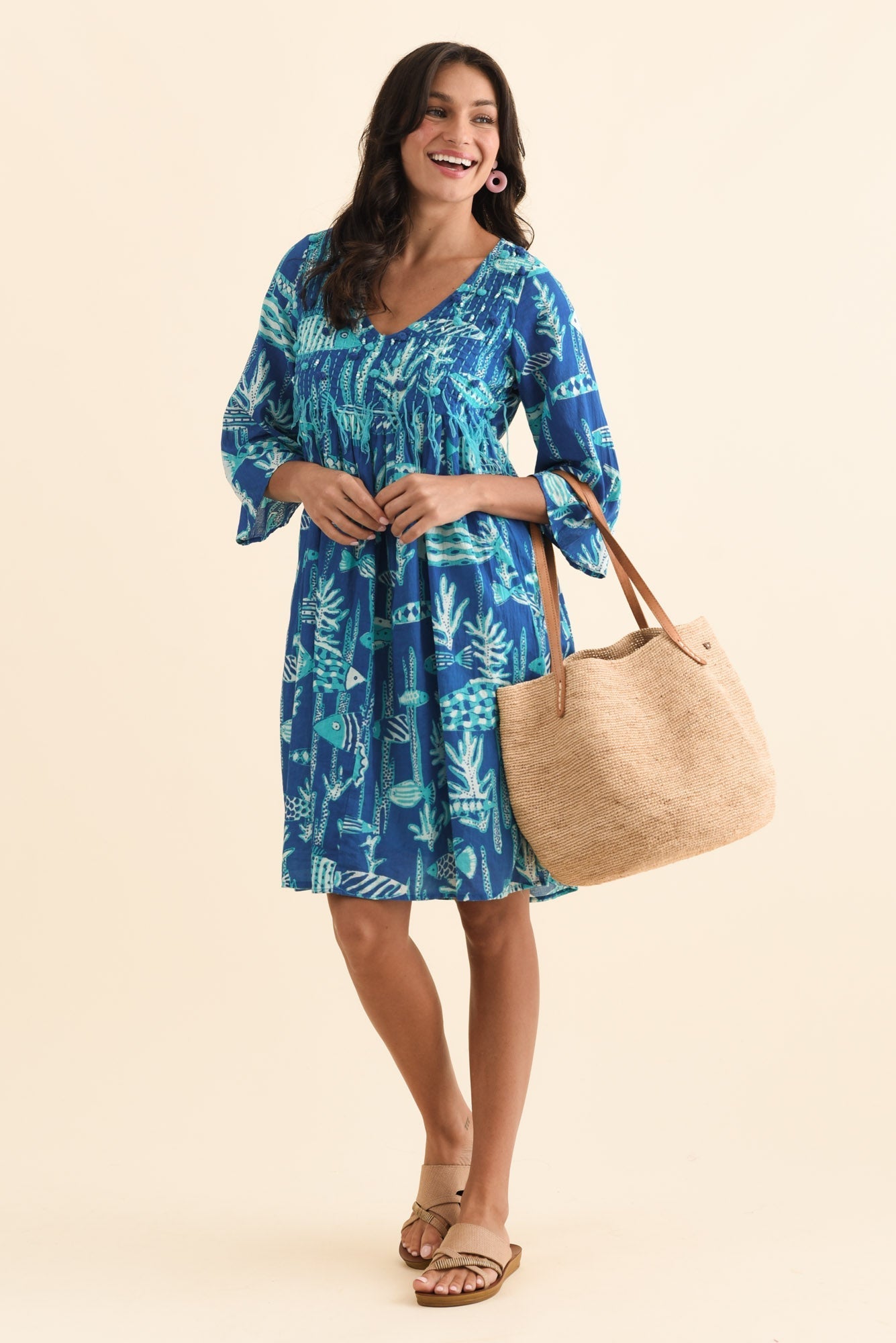 Ava Cobalt Sea Cotton Pocket Dress Front View 2