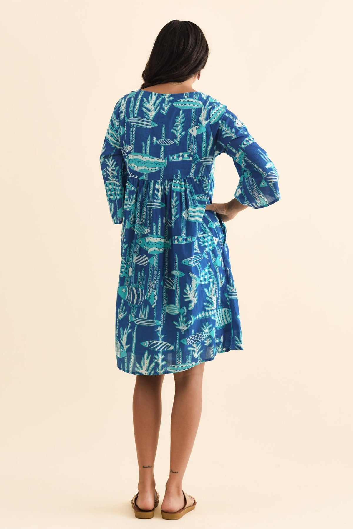 Ava Cobalt Sea Cotton Pocket Dress Side View
