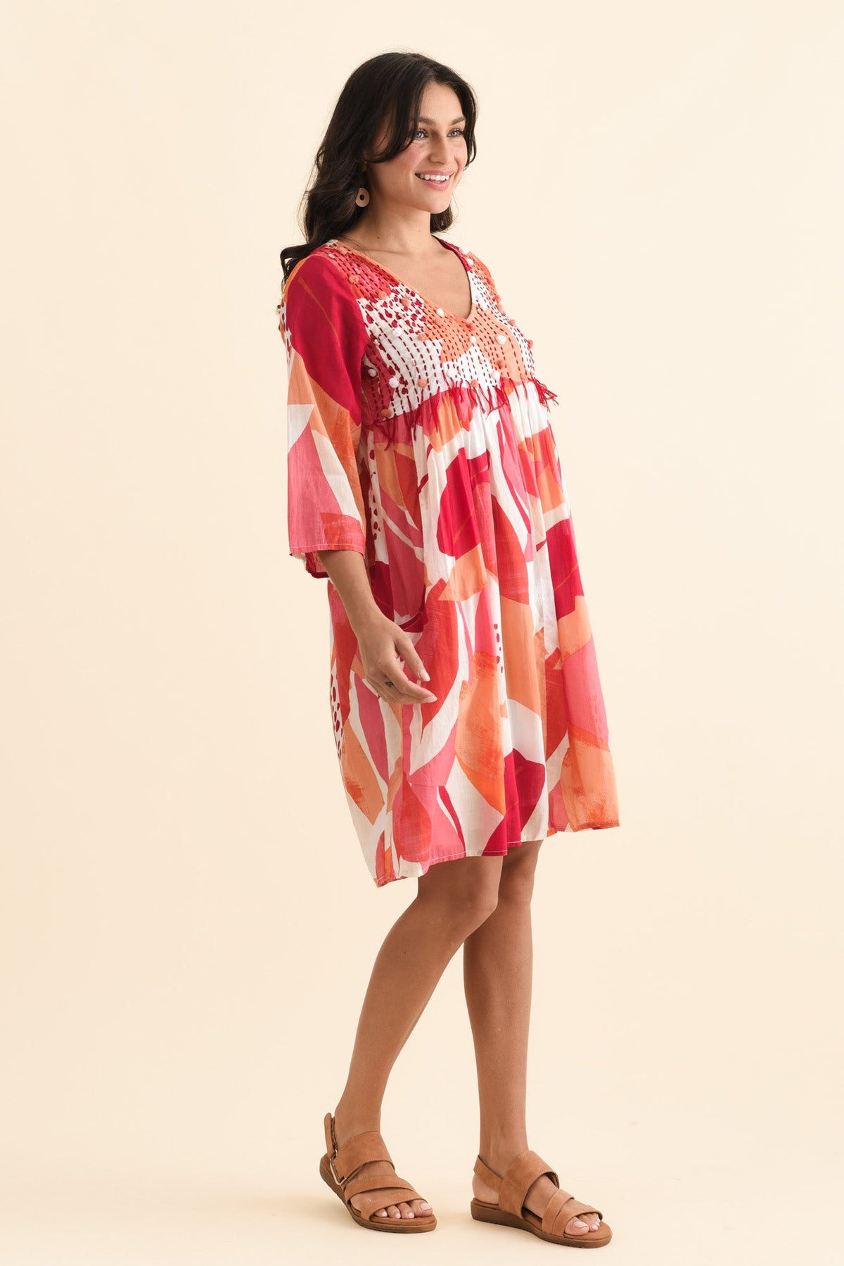Ava Pink Abstract Cotton Pocket Dress Back View