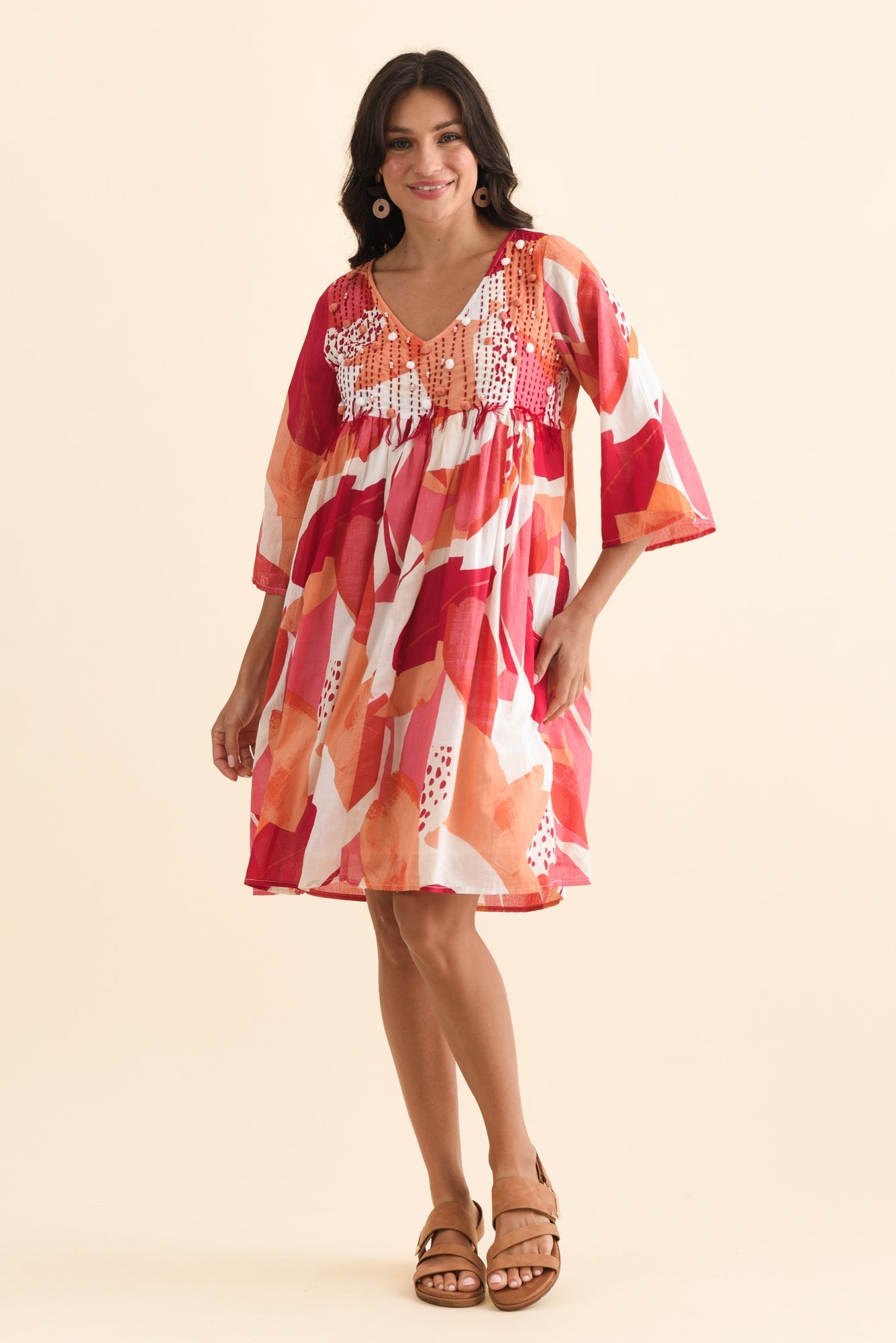 Ava Pink Abstract Cotton Pocket Dress Front View