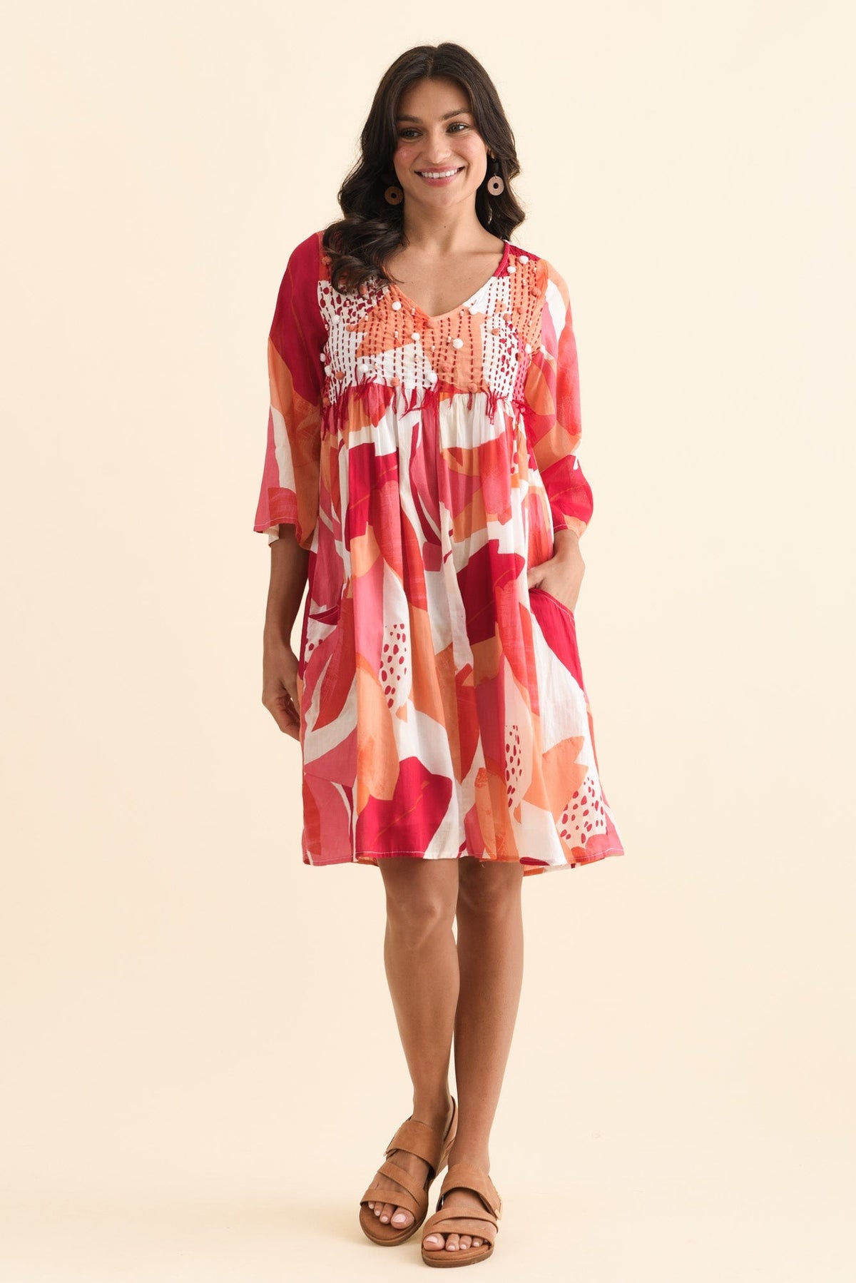 Ava Pink Abstract Cotton Pocket Dress Full Length View
