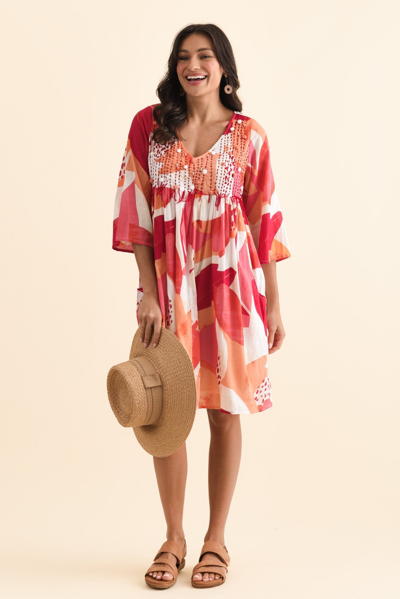 Ava Pink Abstract Cotton Pocket Dress Front View 2