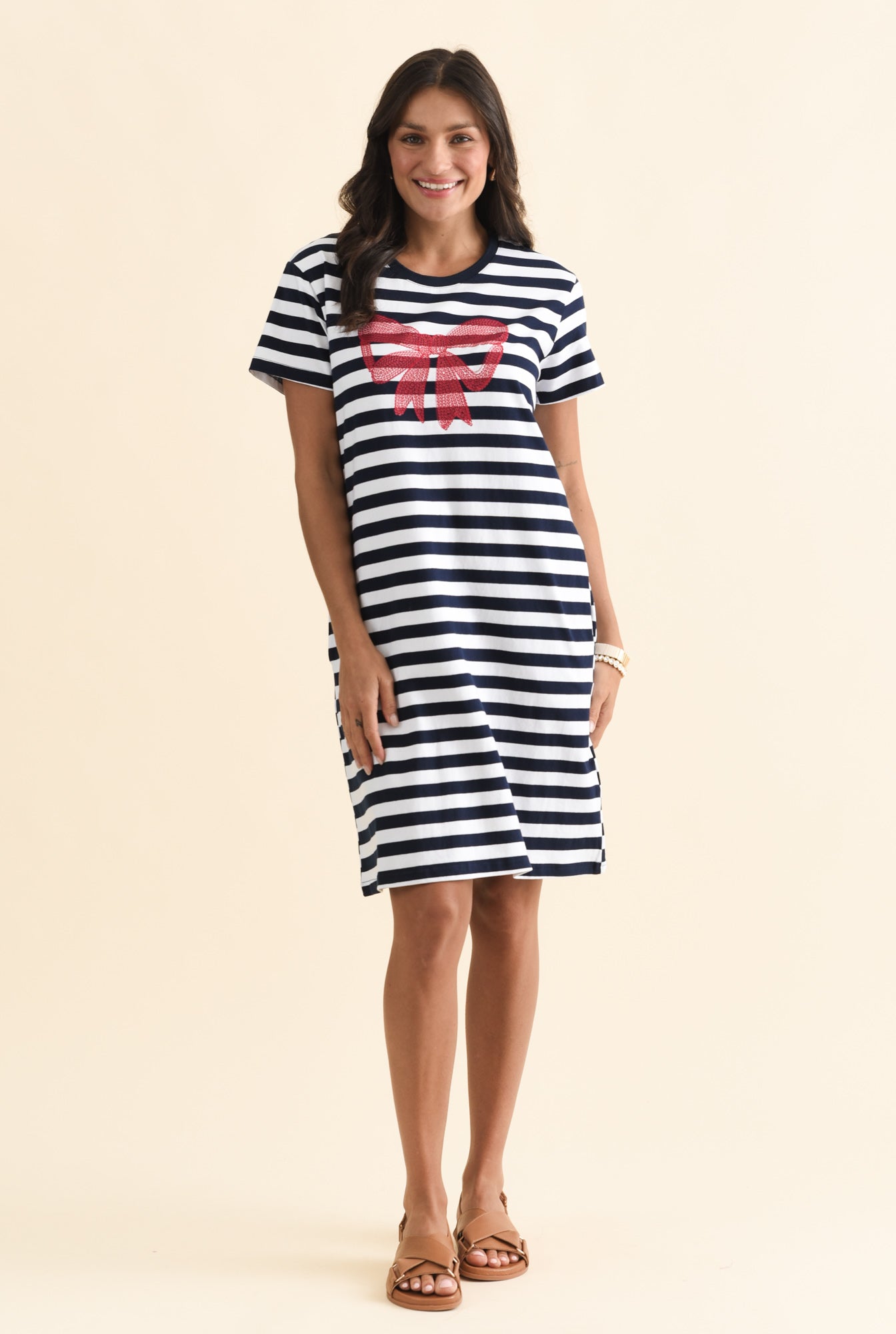 Aya Navy Stripe Bow Cotton Dress Front View