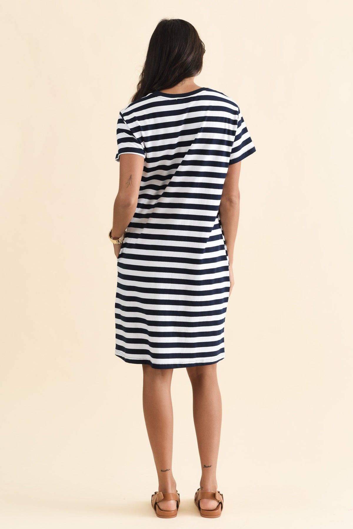 Aya Navy Stripe Bow Cotton Dress Detail View