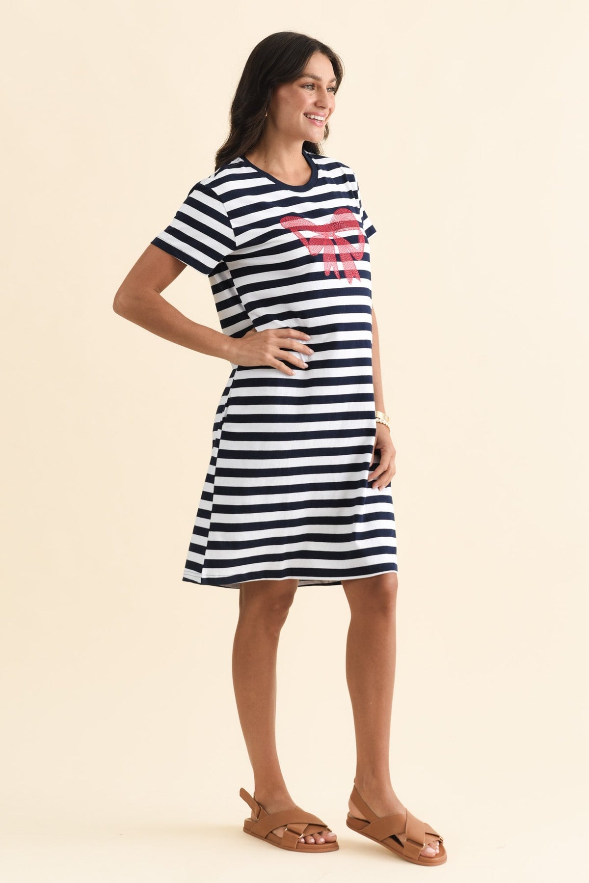 Aya Navy Stripe Bow Cotton Dress Side View