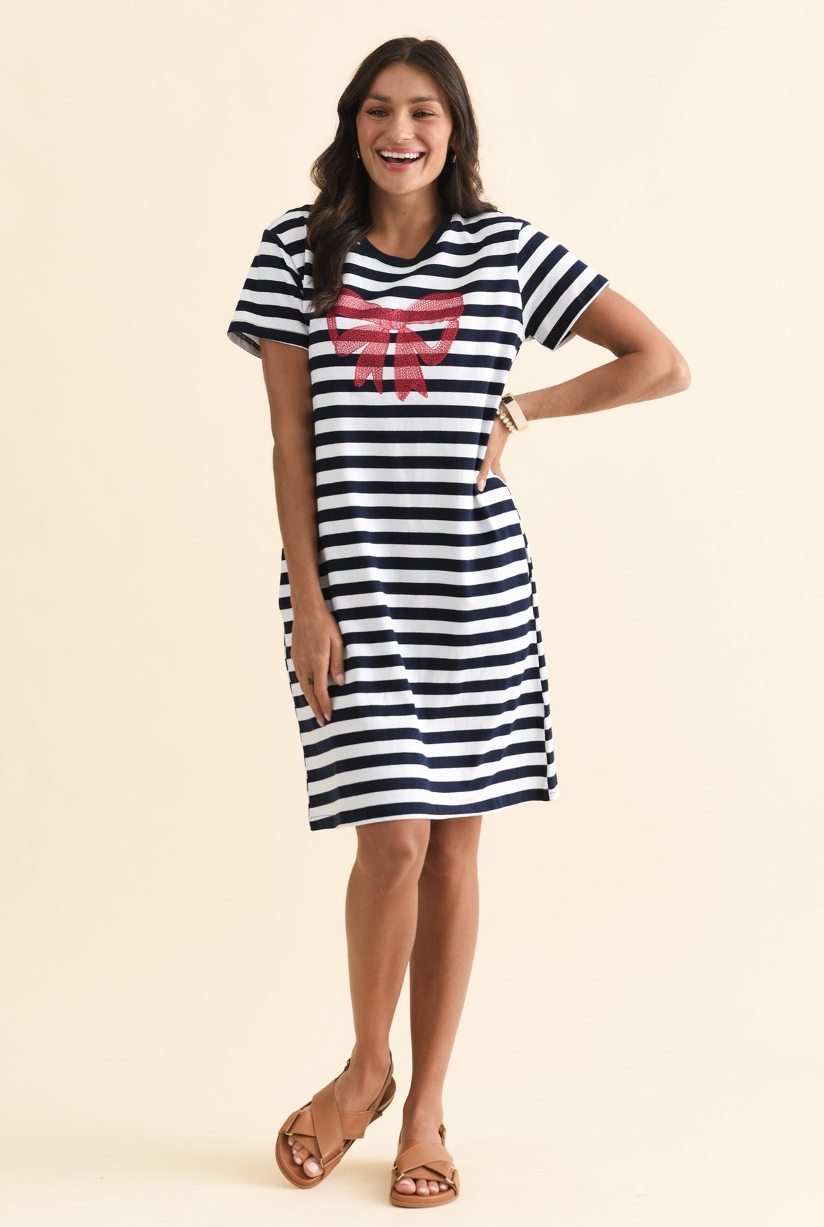 Aya Navy Stripe Bow Cotton Dress Back View