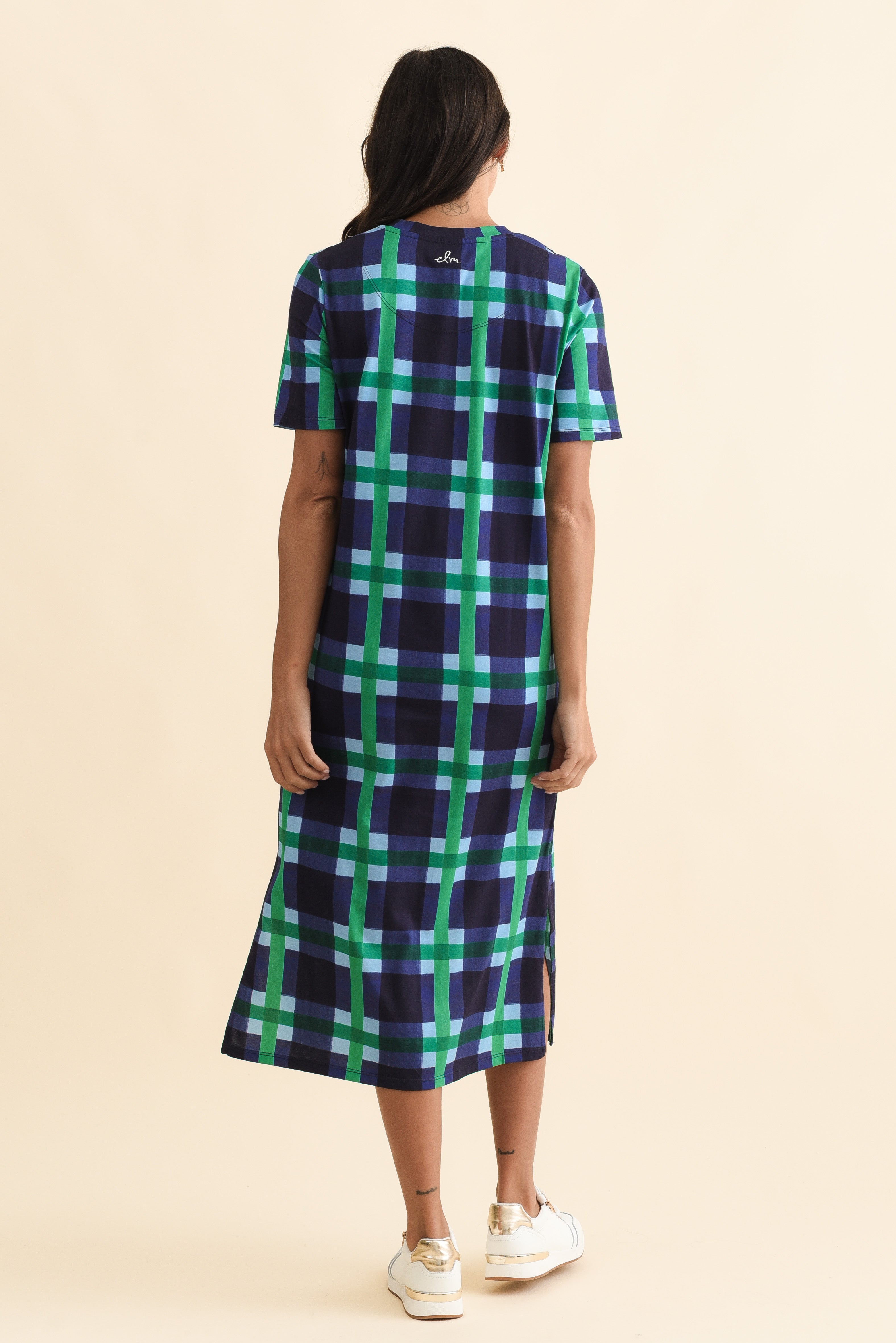Bari Navy Check Cotton Tee Dress Side View