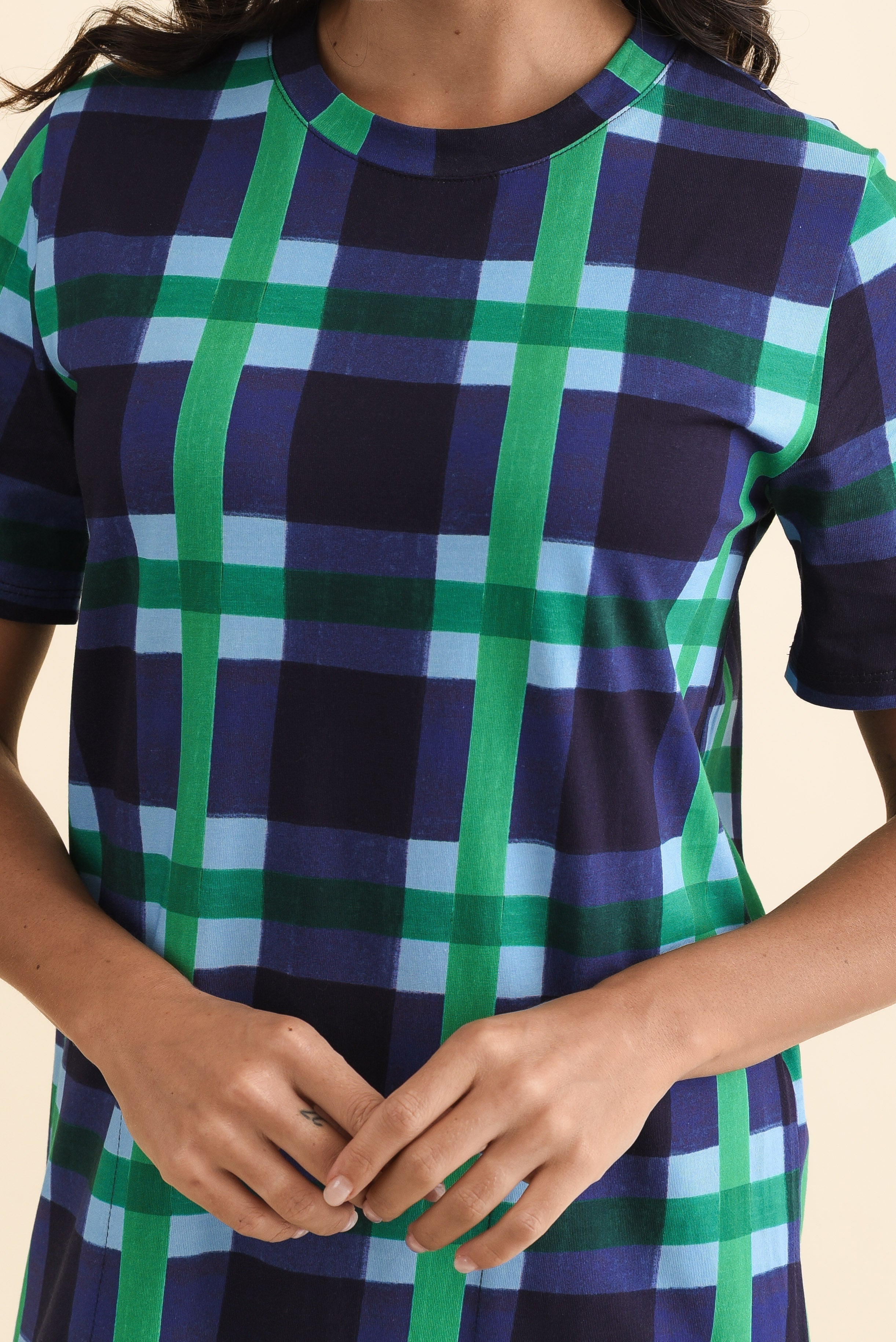 Bari Navy Check Cotton Tee Dress Detail View