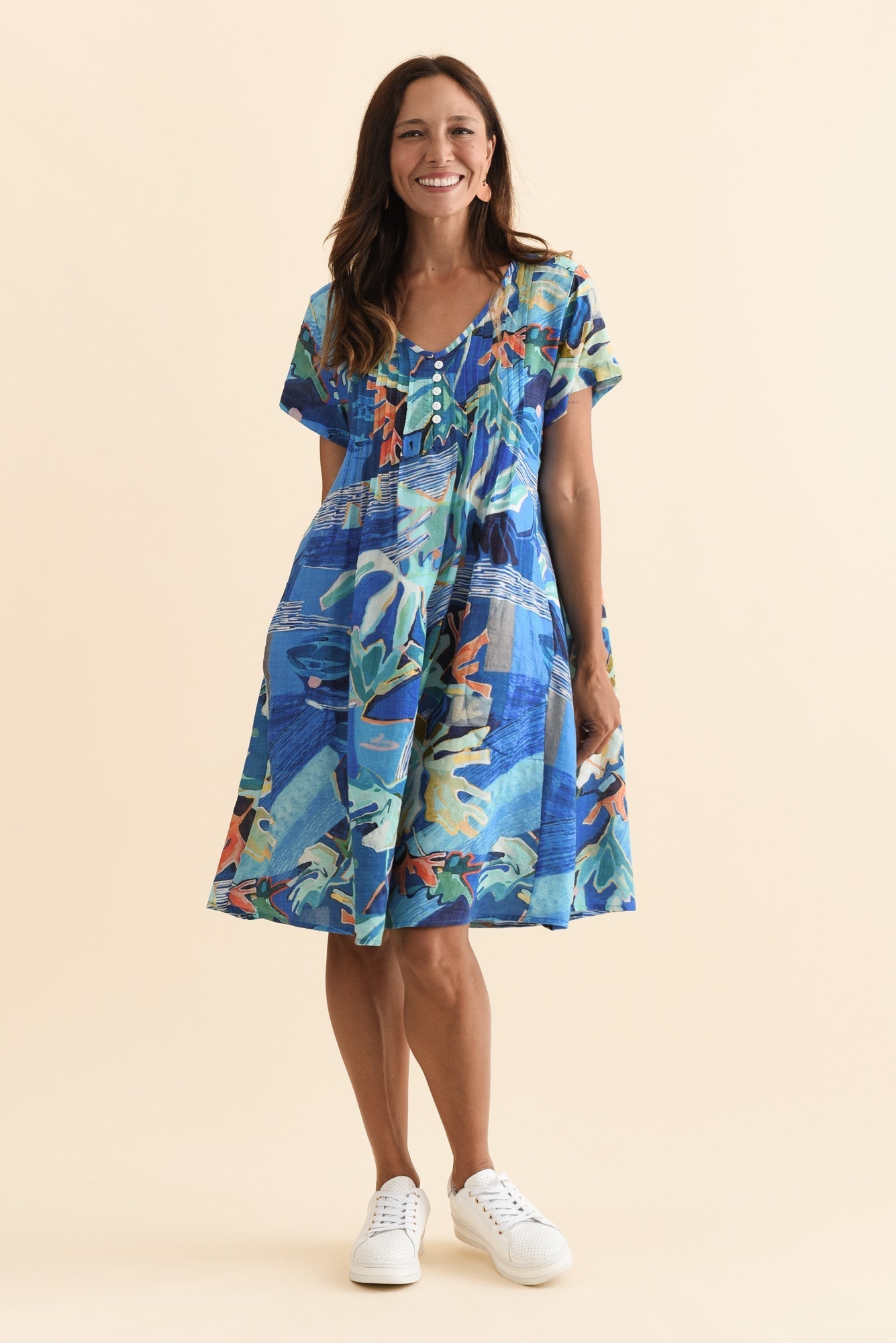 Barry Blue Coastal Cotton Button Dress Front View