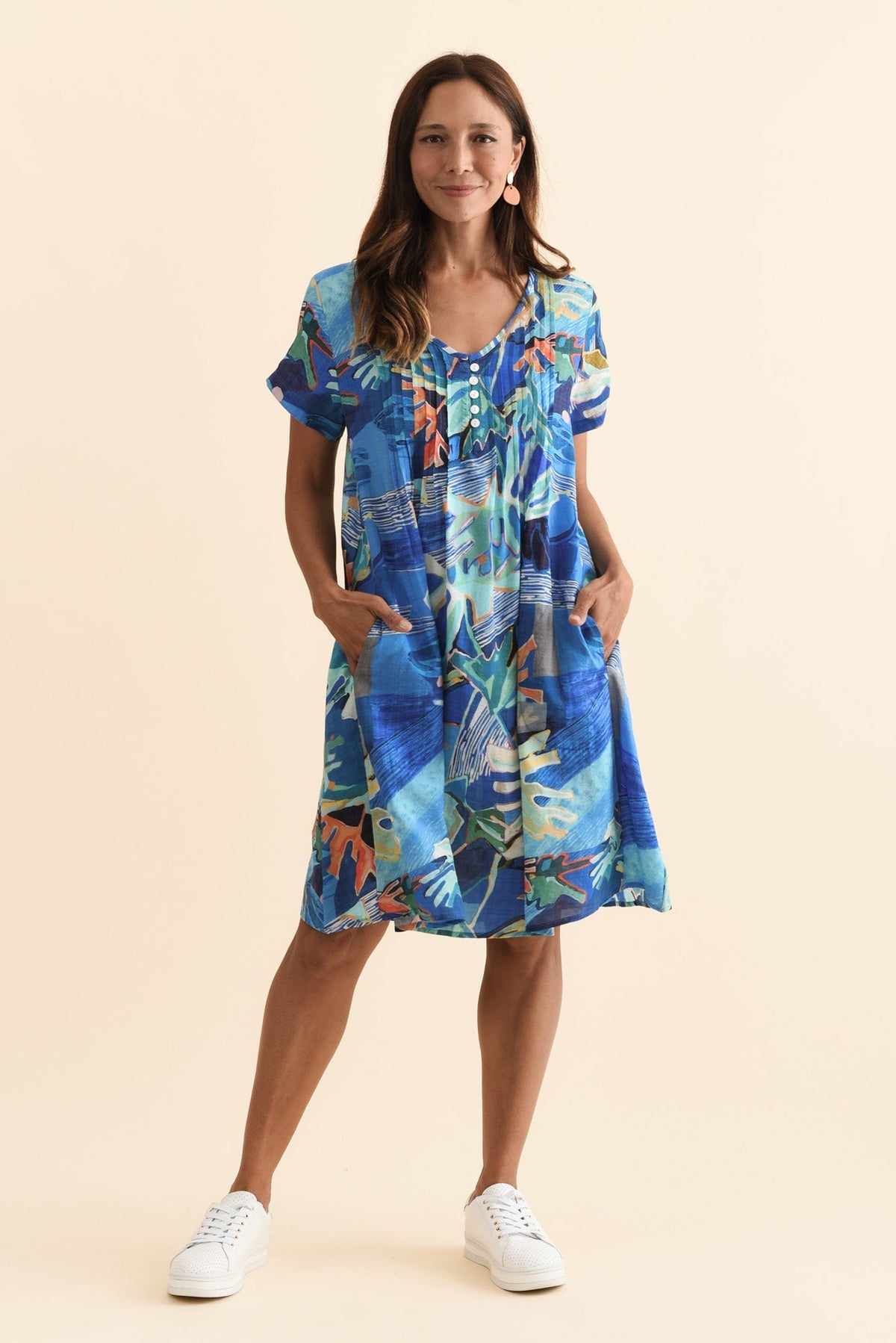 Barry Blue Coastal Cotton Button Dress Full Length View