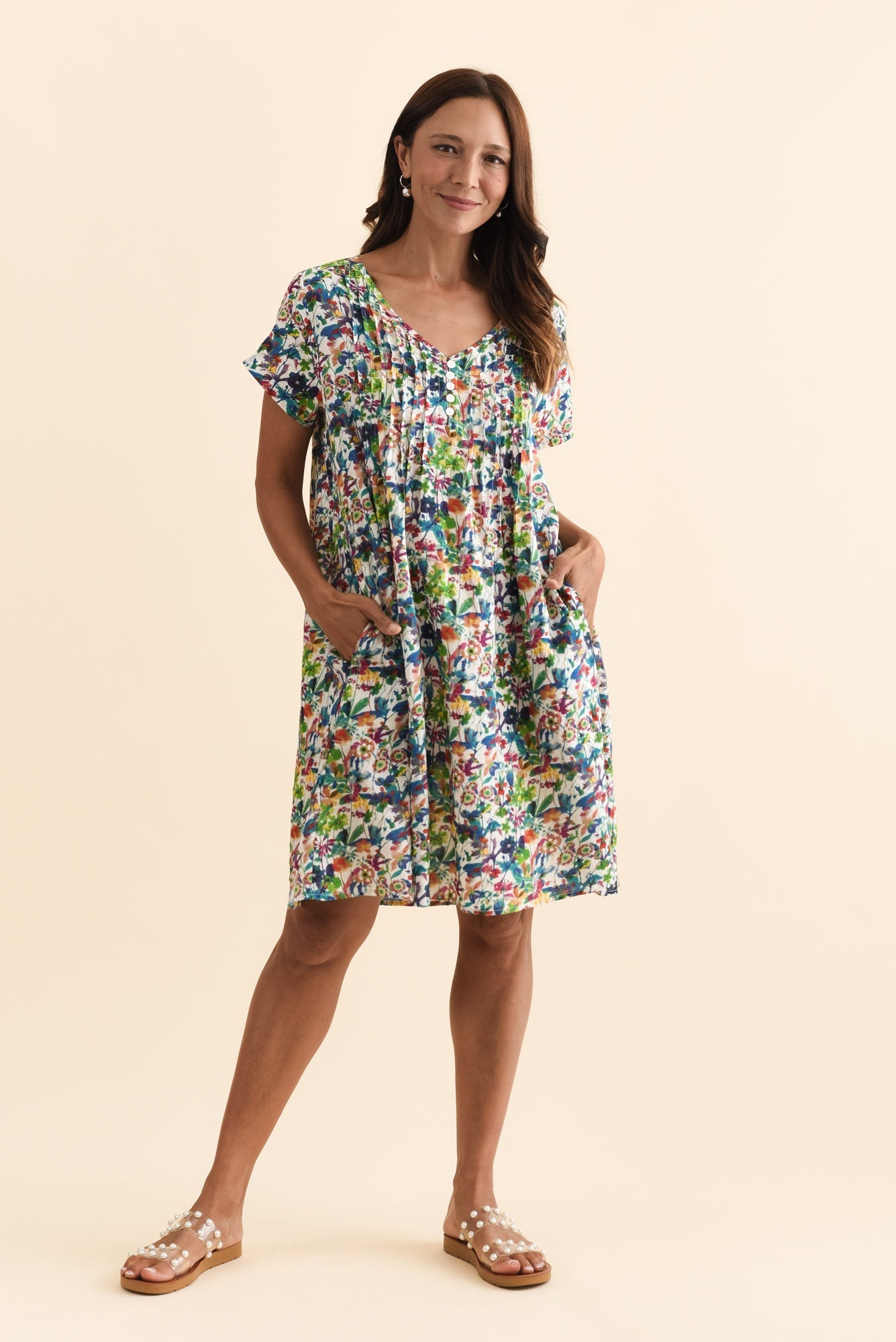 Barry Green Floral Cotton Button Dress Front View
