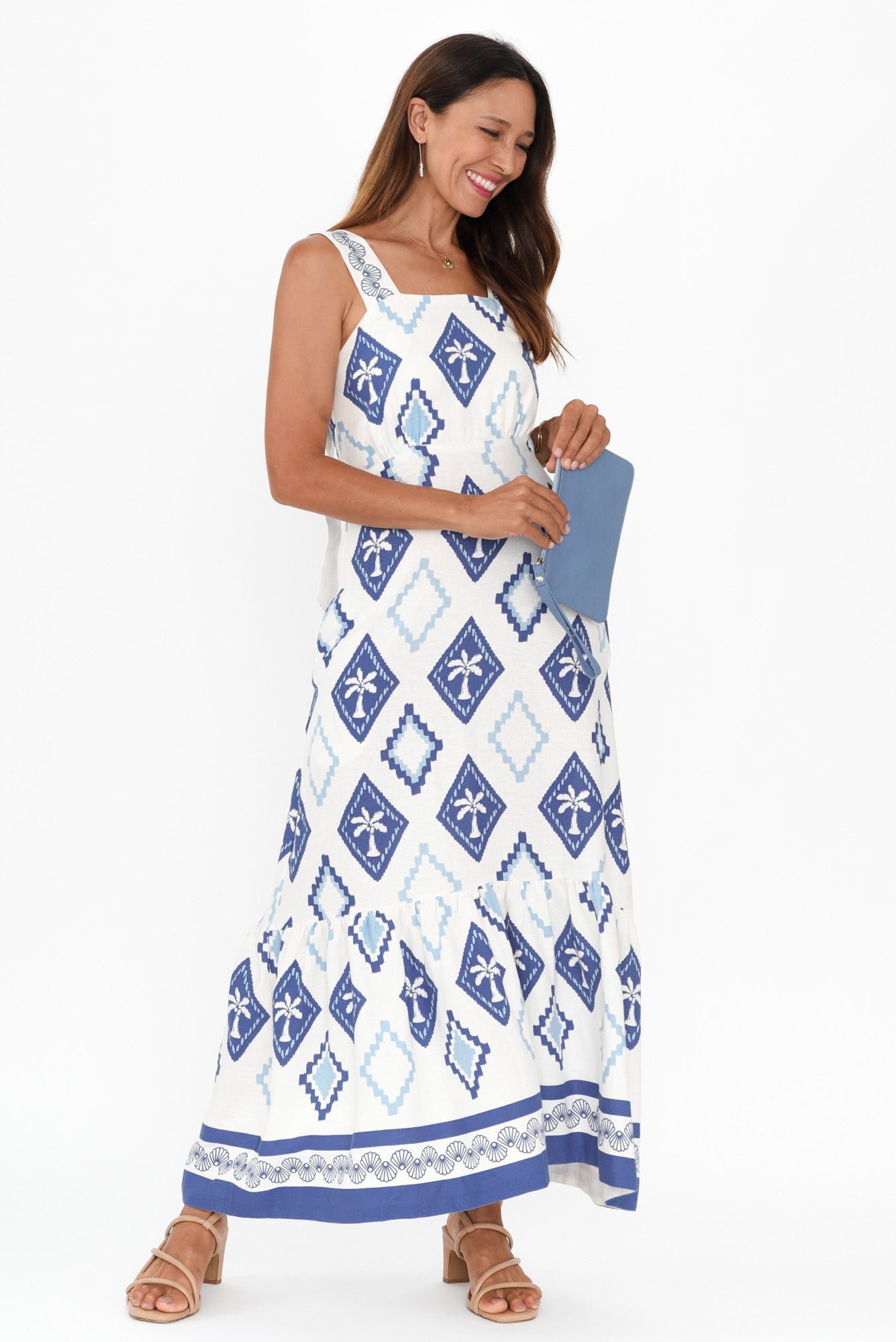 Bateau Blue Palm Linen Dress Front View 2