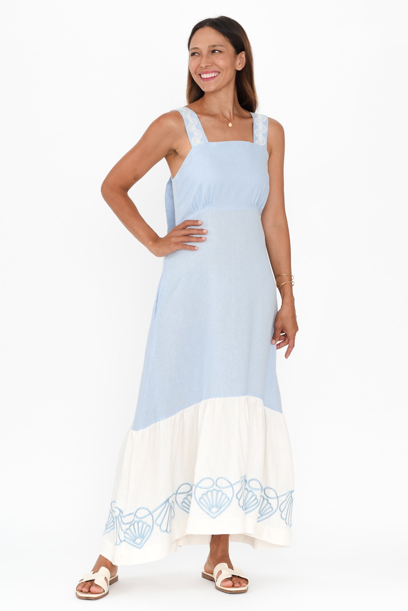 Bateau Blue Seashell Linen Dress Front View 2