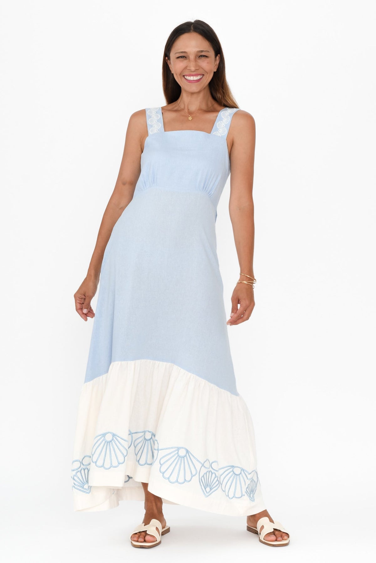 Bateau Blue Seashell Linen Dress Full Length View