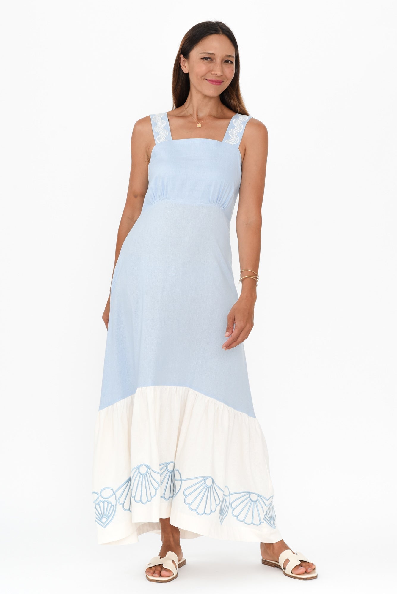 Bateau Blue Seashell Linen Dress Front View