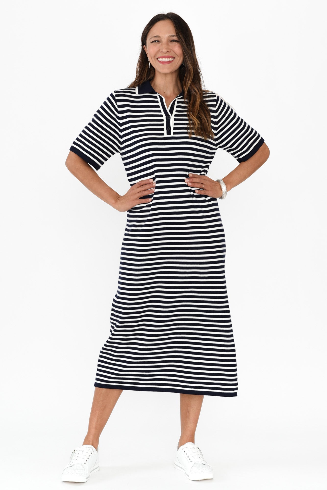 Benji Navy Stripe Cotton Tee Dress Front View
