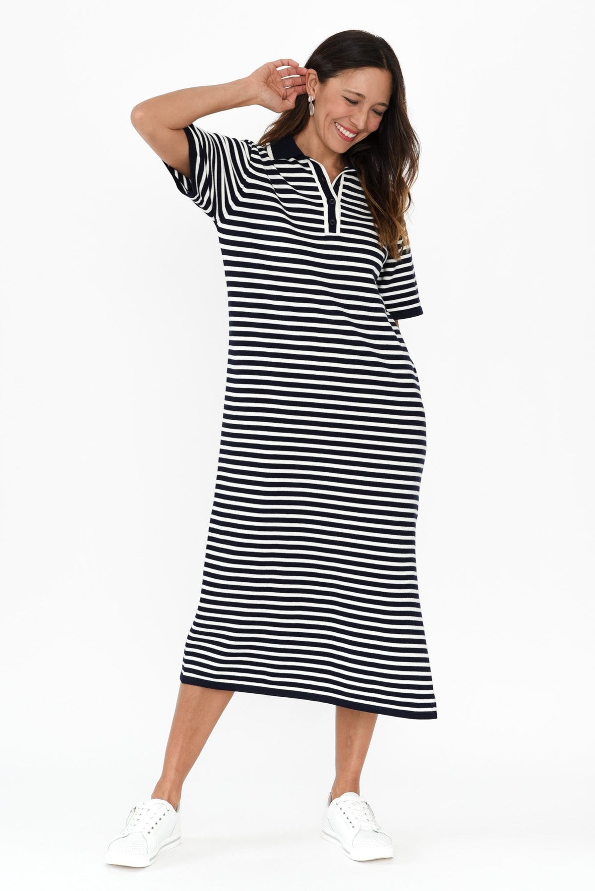 Benji Navy Stripe Cotton Tee Dress Full Length View