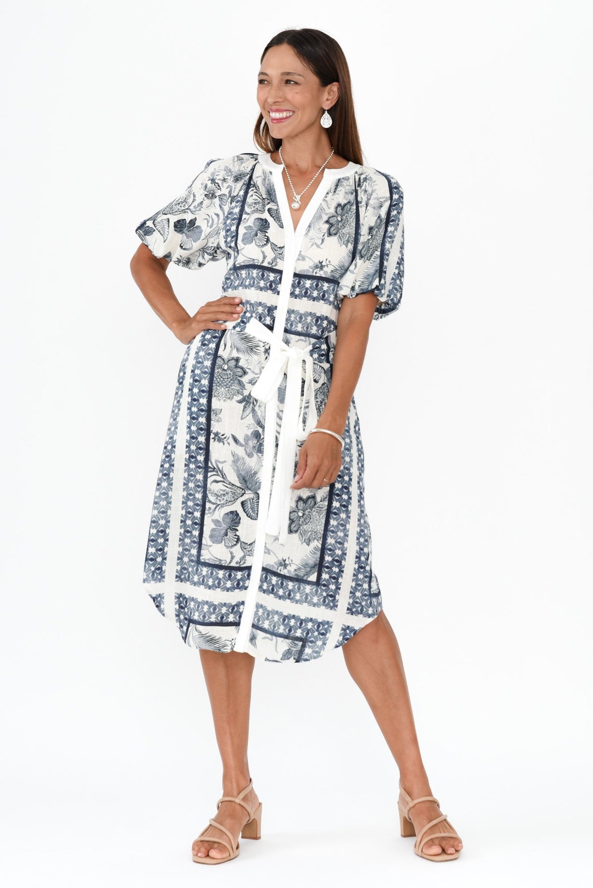 Bijou Ink Floral Linen Blend Dress Front View 2