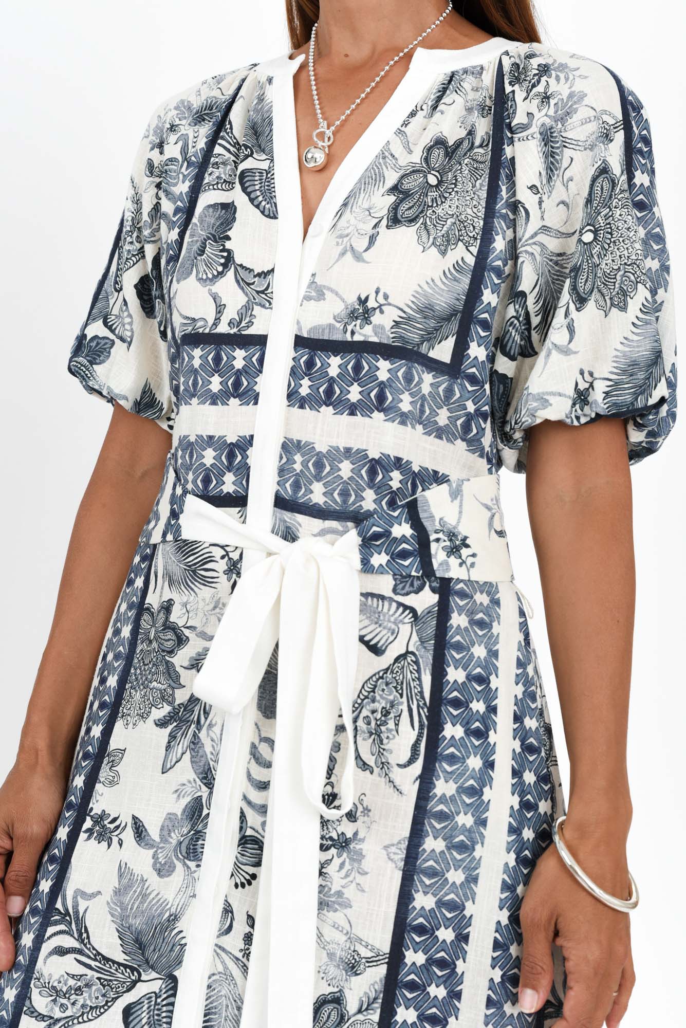 Bijou Ink Floral Linen Blend Dress Full Length View