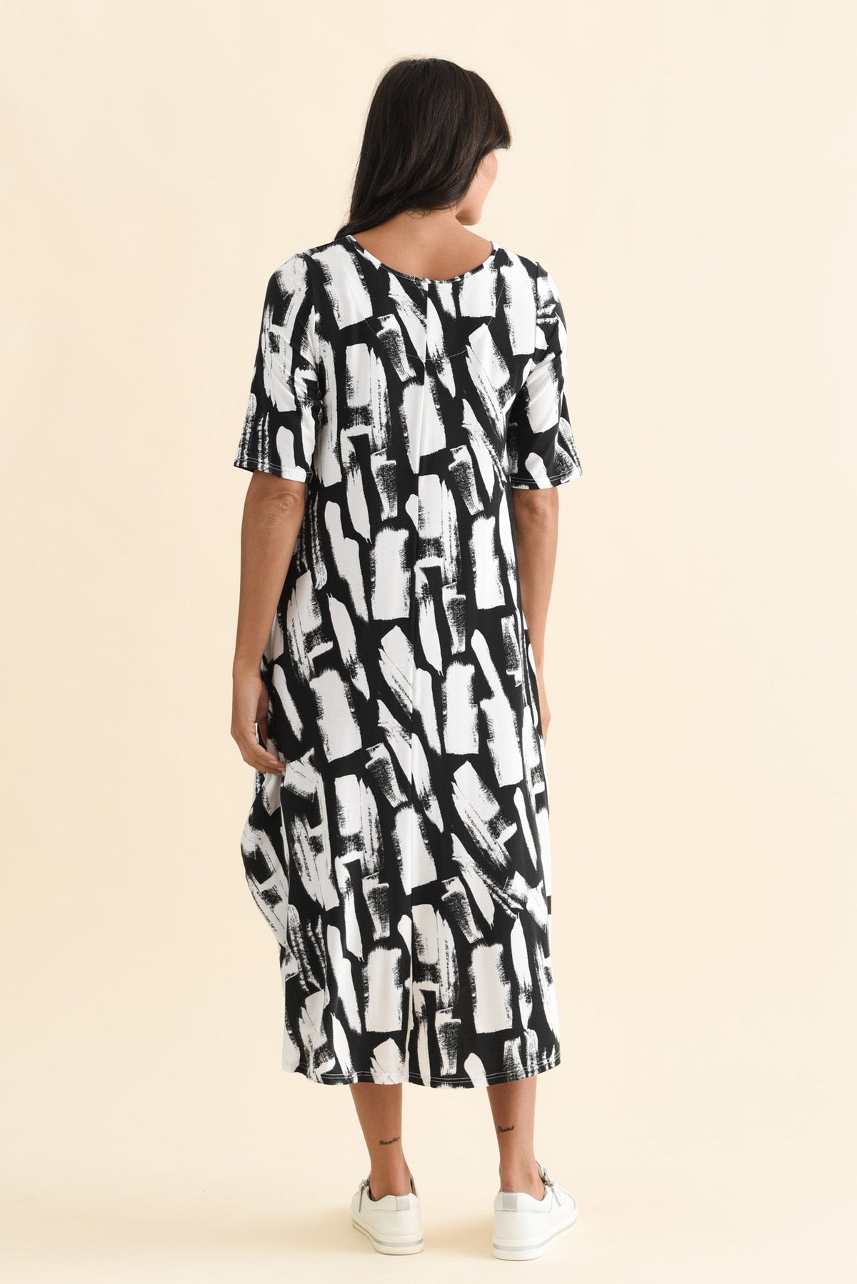 Black Brush Stroke Micro Modal Tri Drape Dress Side View