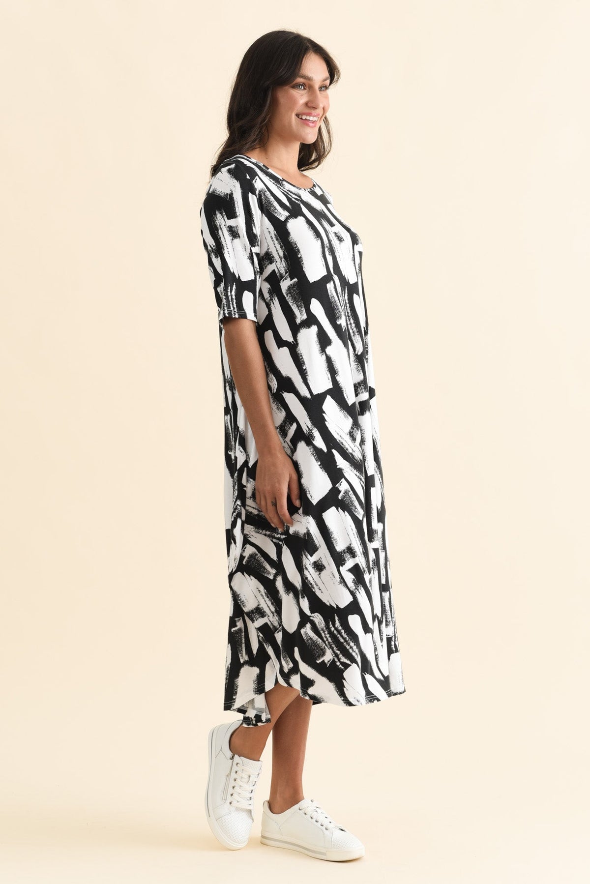 Black Brush Stroke Micro Modal Tri Drape Dress Back View