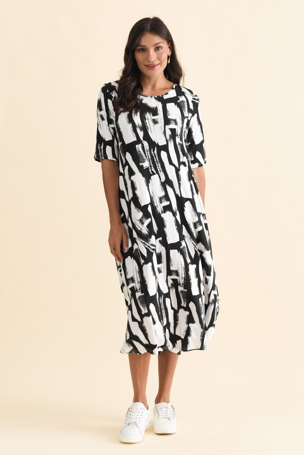 Black Brush Stroke Micro Modal Tri Drape Dress Front View
