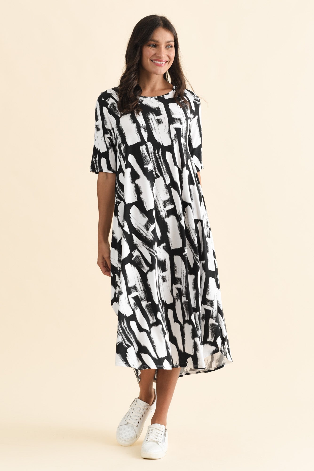 Black Brush Stroke Micro Modal Tri Drape Dress Full Length View