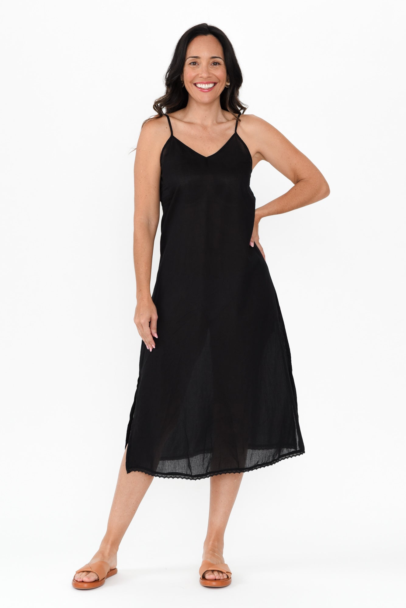 Black Cotton Maxi Slip Dress Front View 2