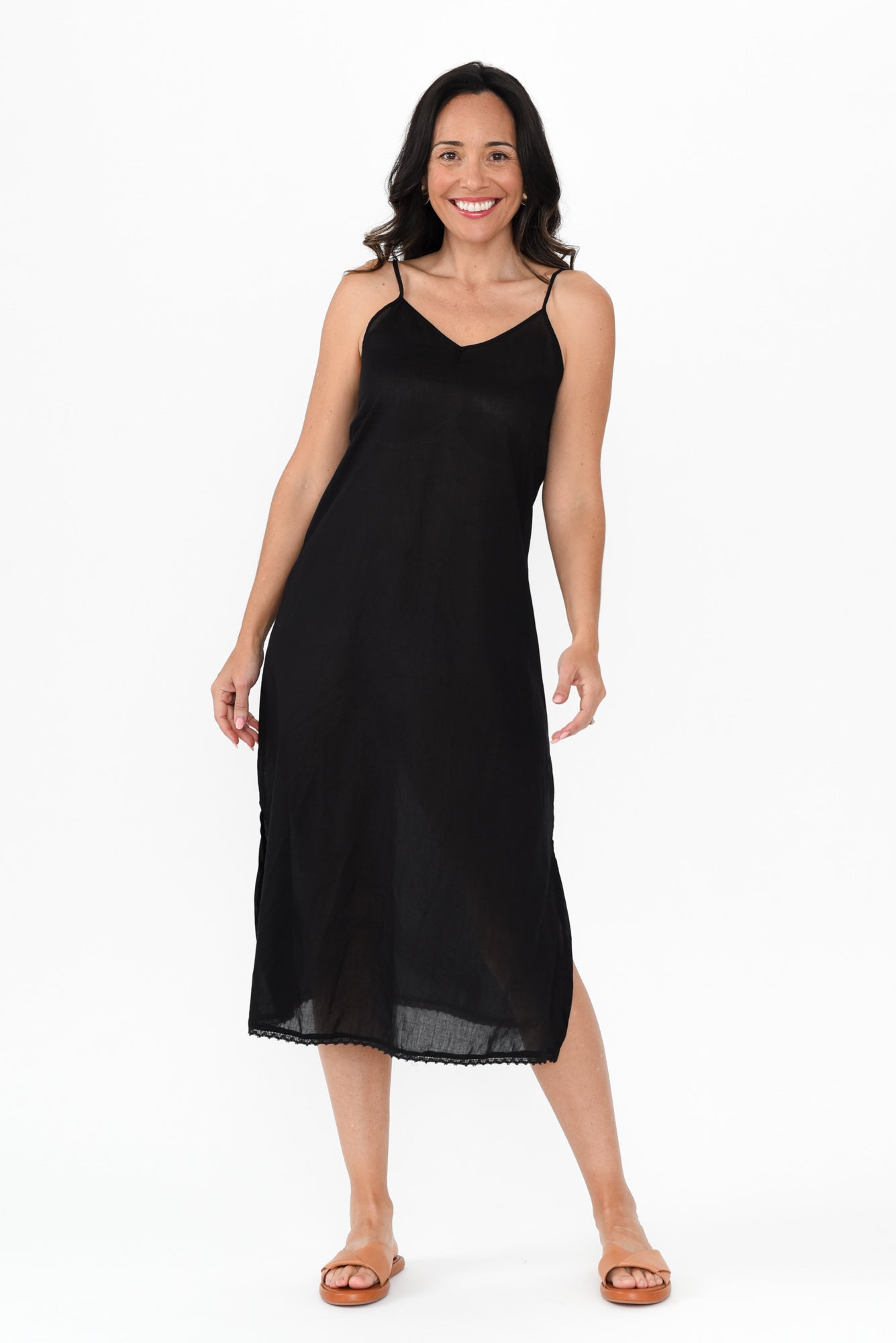 Black Cotton Maxi Slip Dress Front View