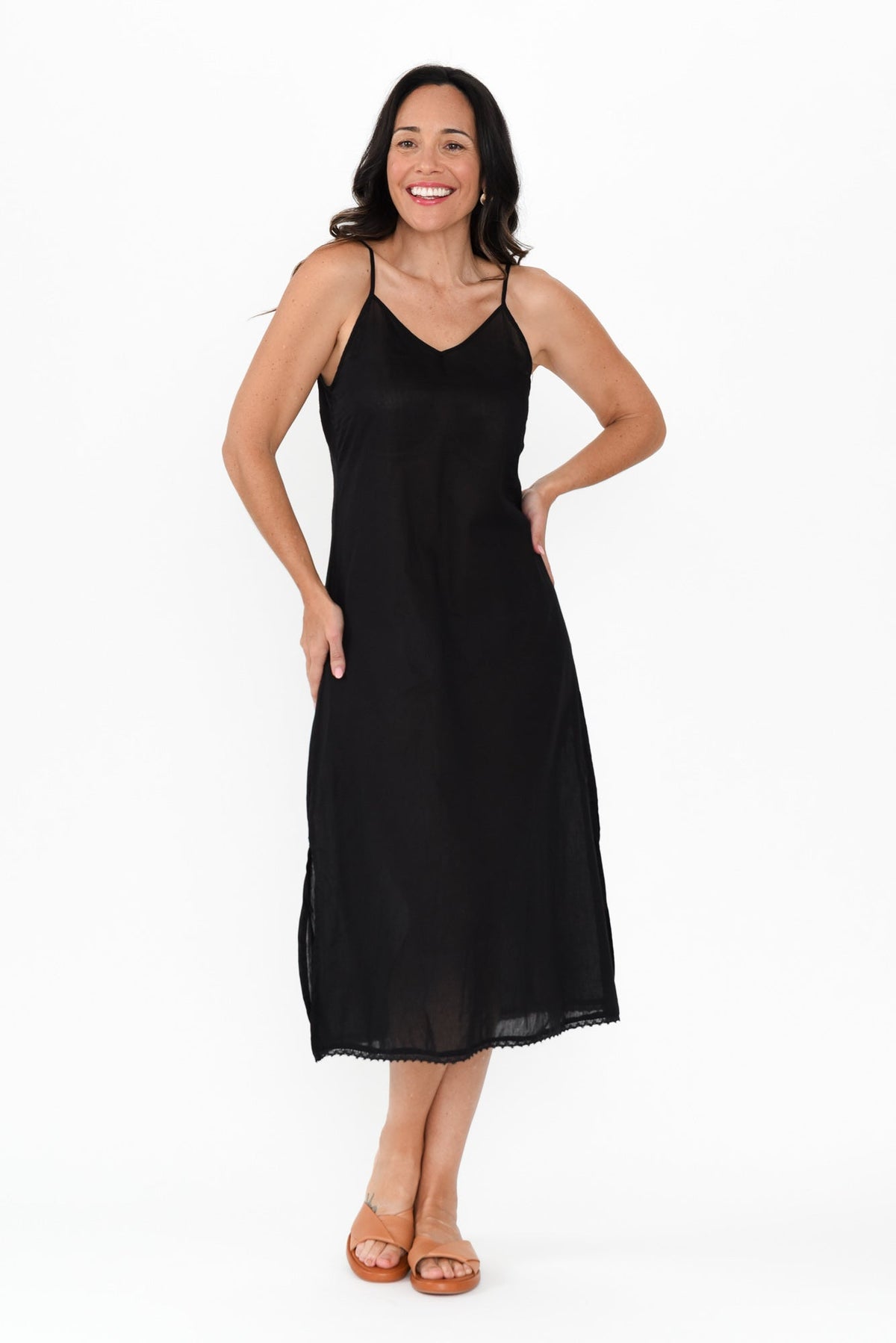 Black Cotton Maxi Slip Dress Full Length View