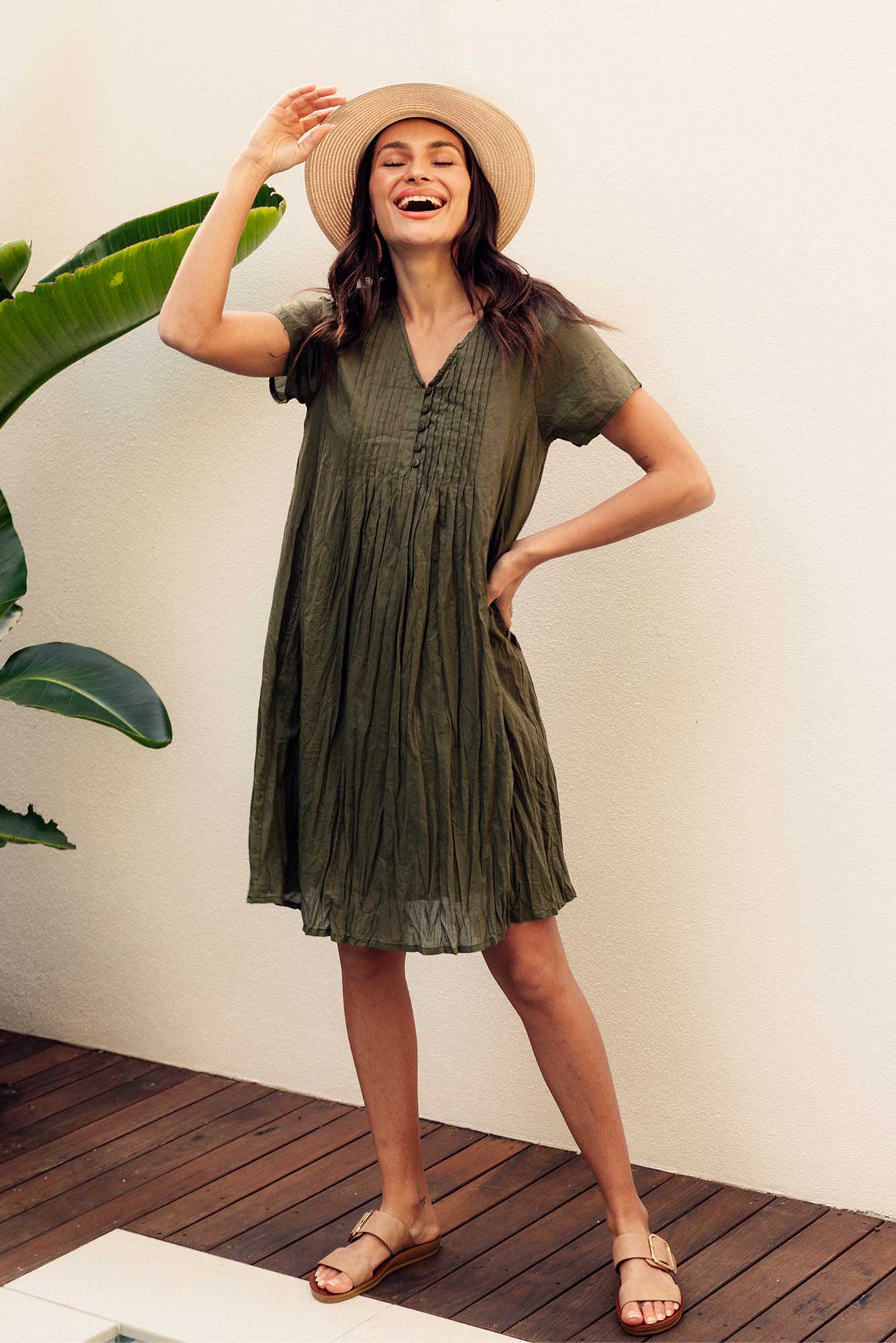Sabina Sage Crinkle Cotton Dress Front View 2