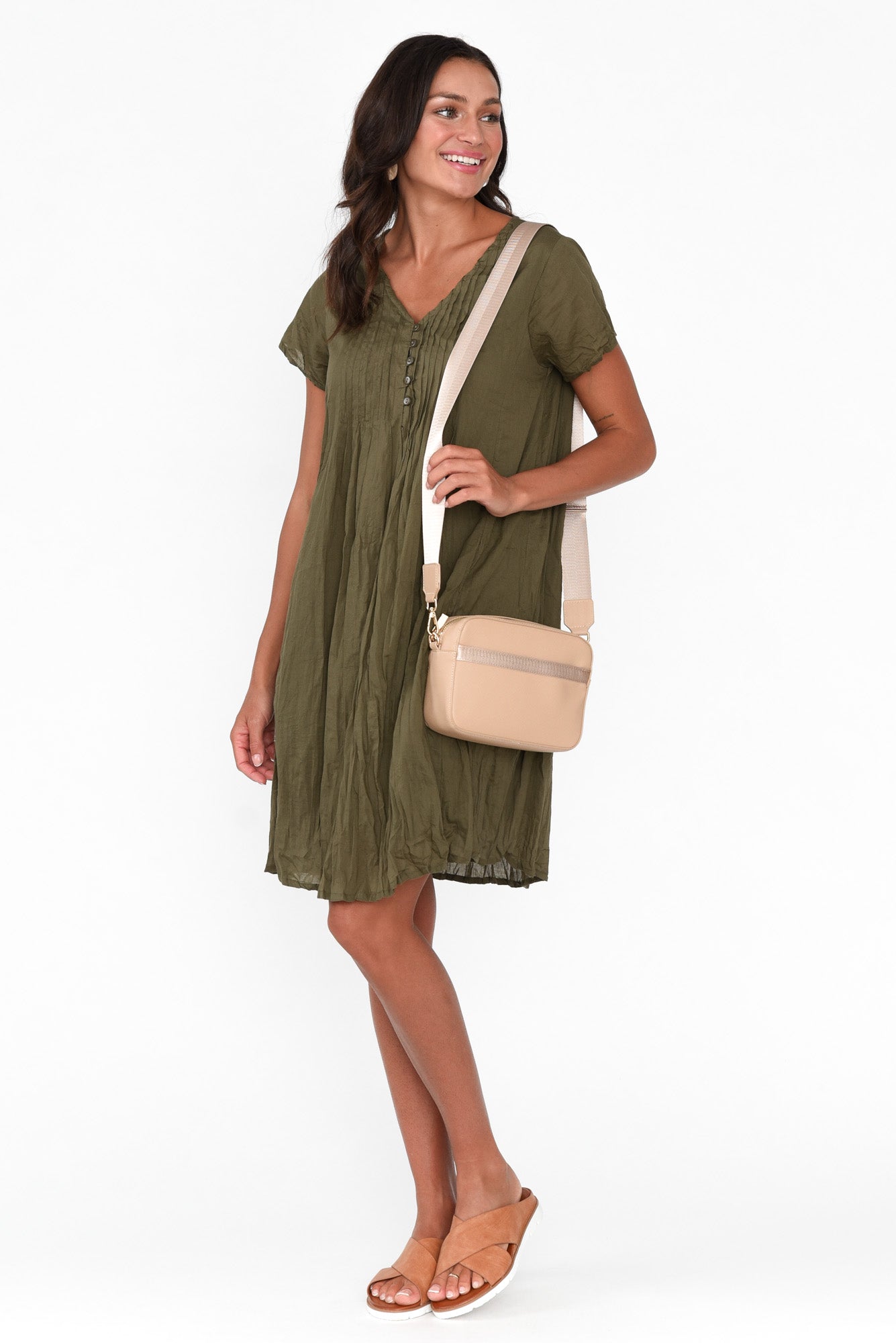 Sabina Sage Crinkle Cotton Dress Front View