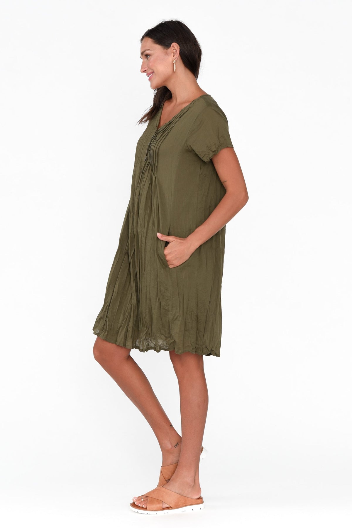 Sabina Sage Crinkle Cotton Dress Side View