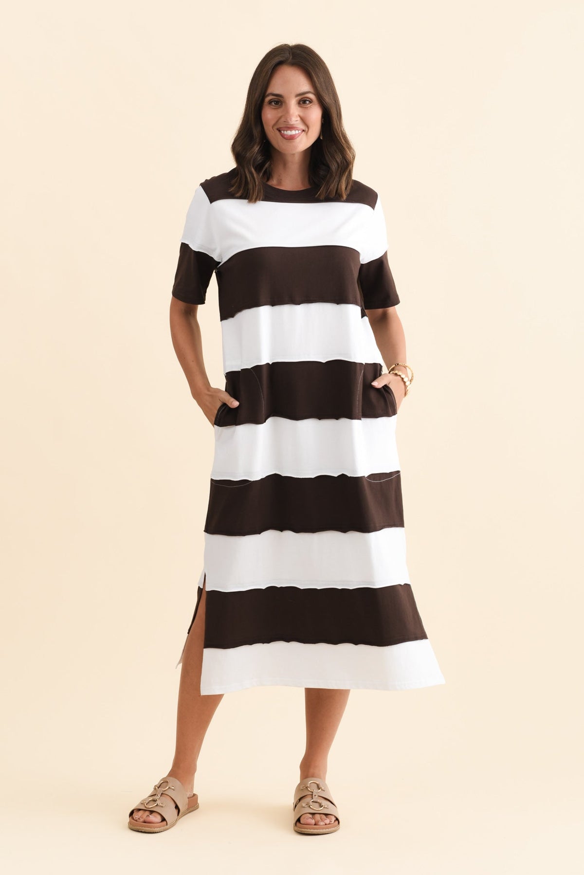 Bold Dark Brown Stripe Cotton Tee Dress Front View