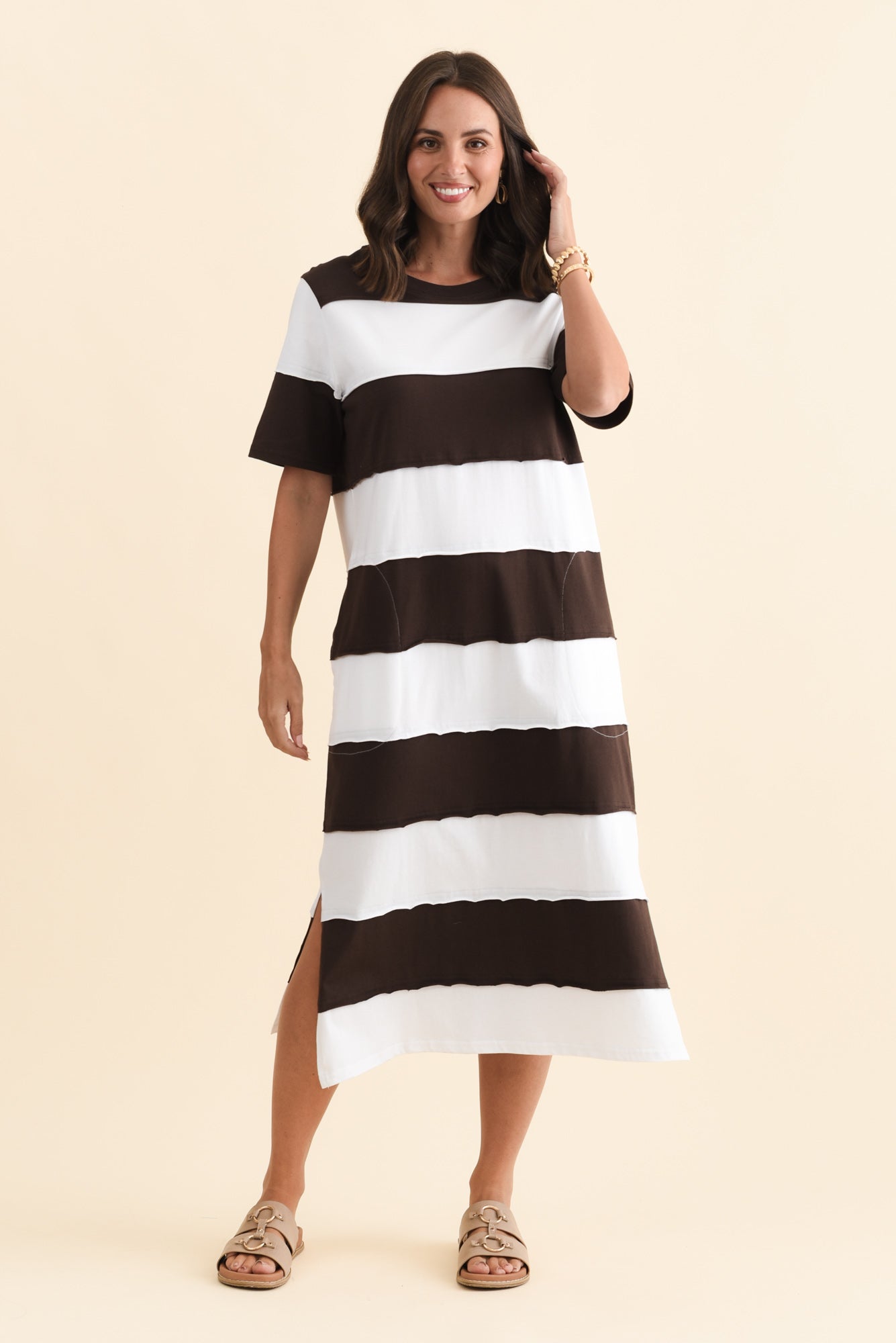 Bold Dark Brown Stripe Cotton Tee Dress Full Length View