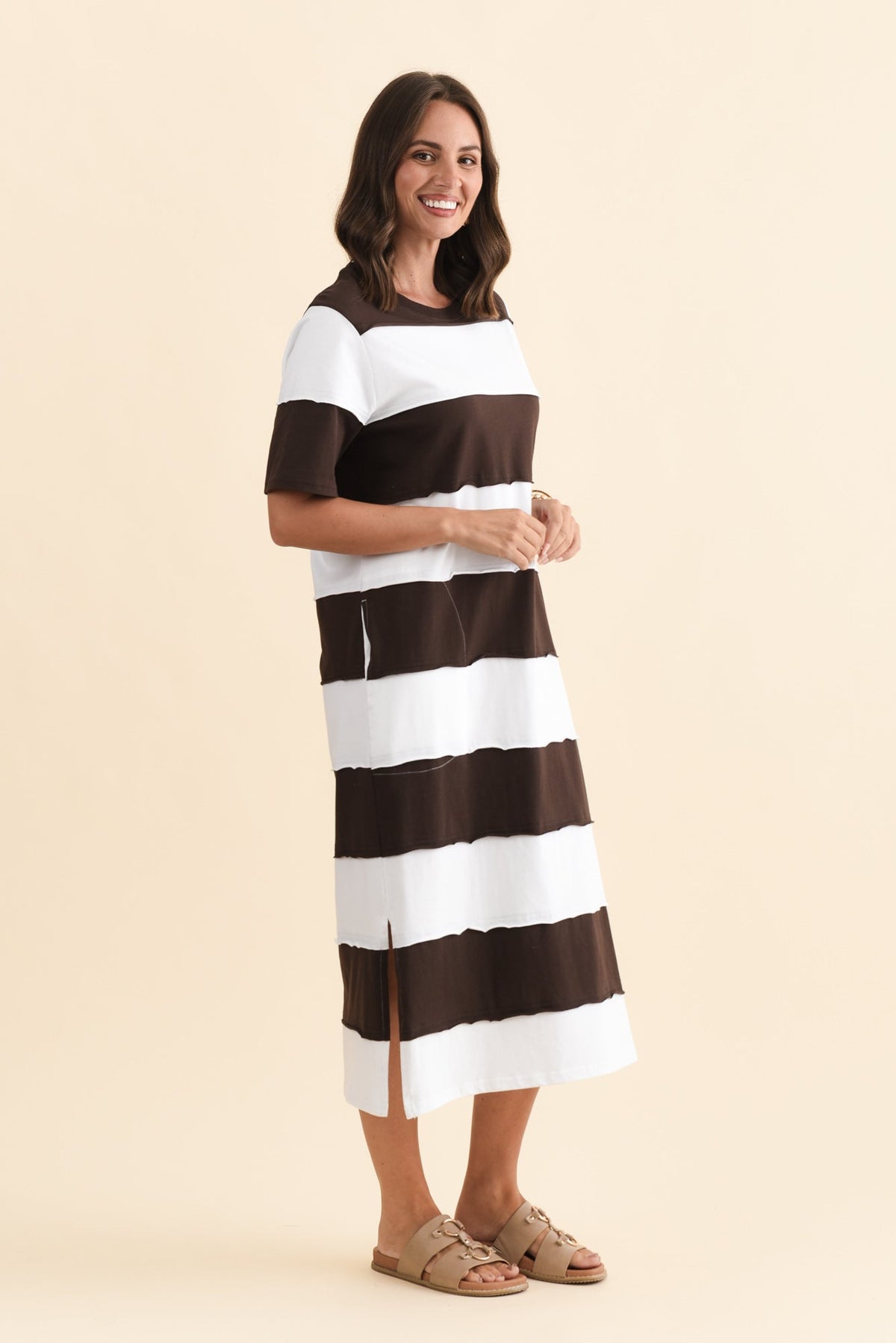 Bold Dark Brown Stripe Cotton Tee Dress Back View