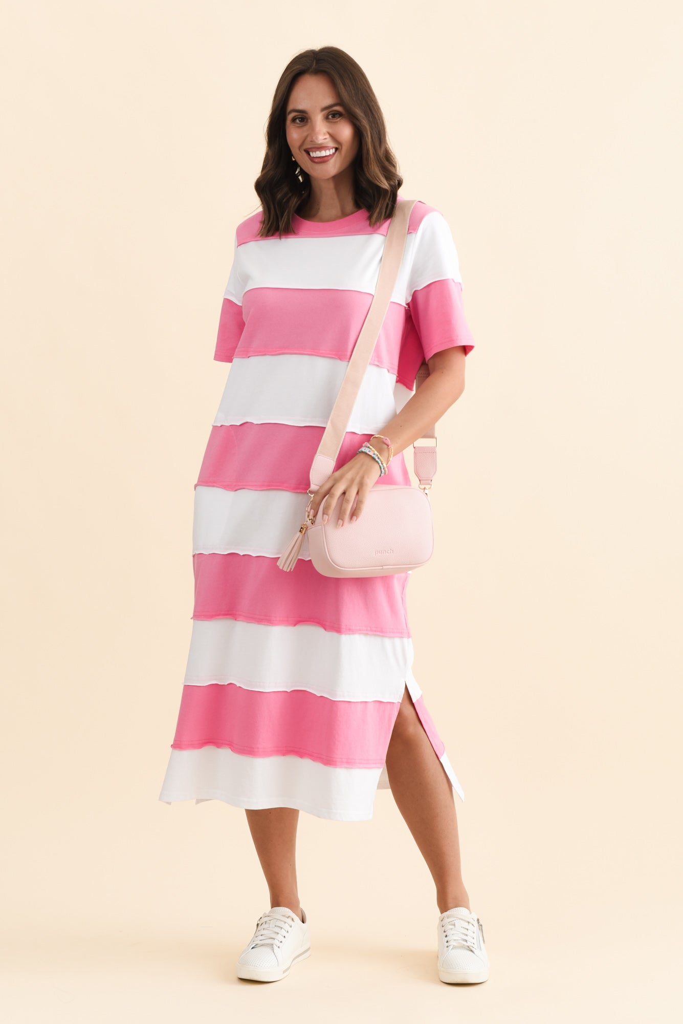 Bold Pink Stripe Cotton Tee Dress Front View 2