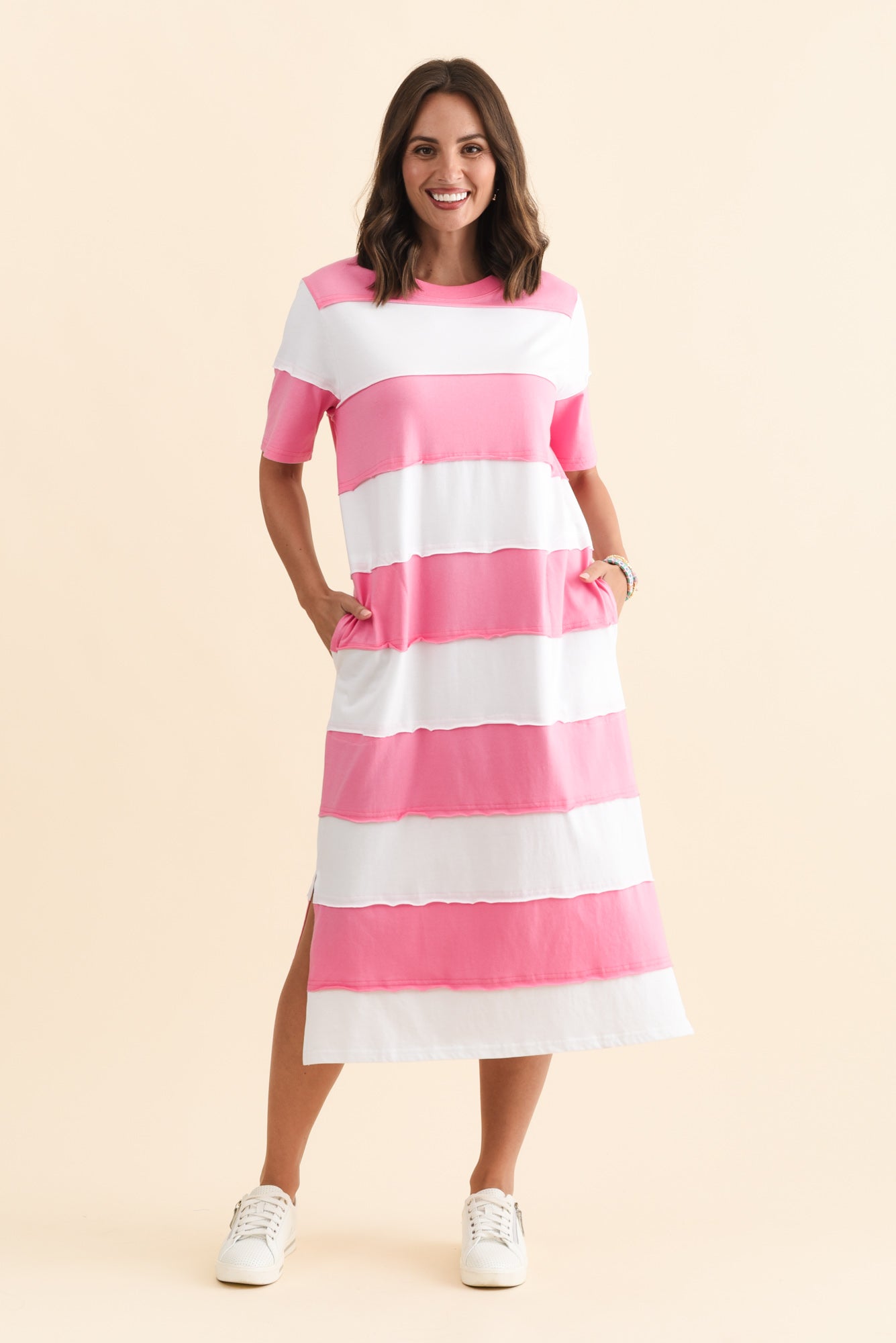 Bold Pink Stripe Cotton Tee Dress Front View
