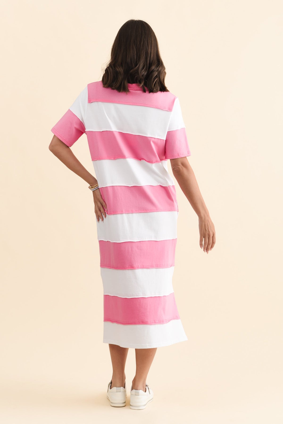 Bold Pink Stripe Cotton Tee Dress Side View