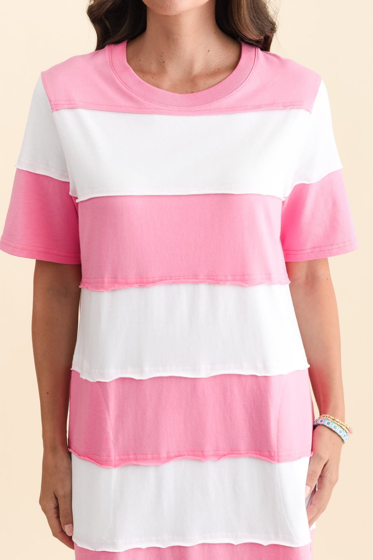 Bold Pink Stripe Cotton Tee Dress Detail View