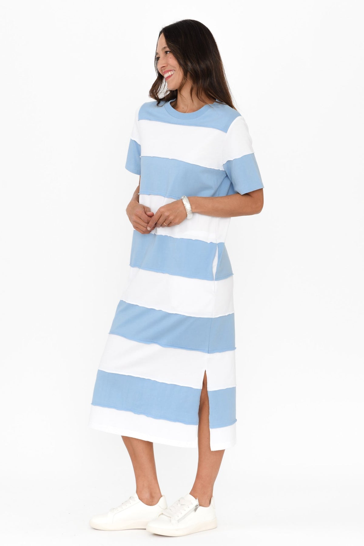 Bold Blue Stripe Cotton Tee Dress Back View