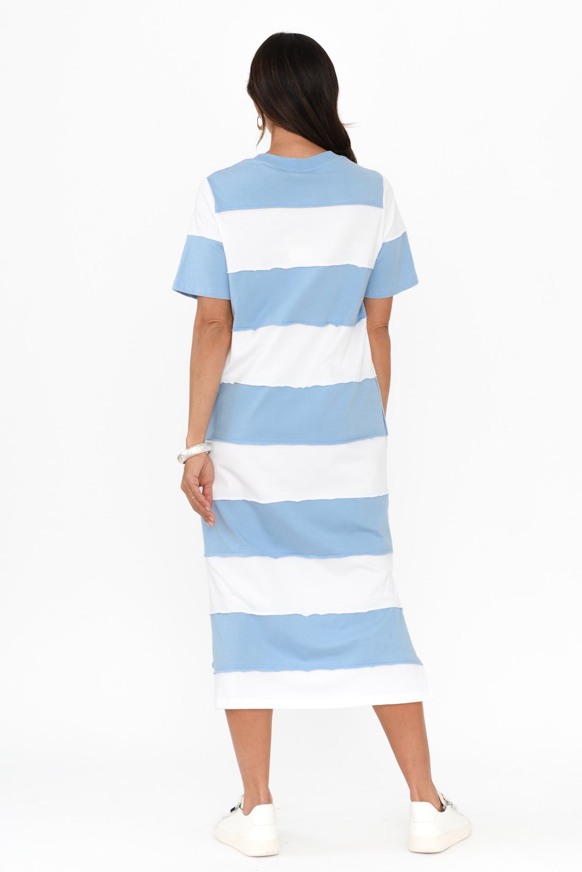 Bold Blue Stripe Cotton Tee Dress Detail View